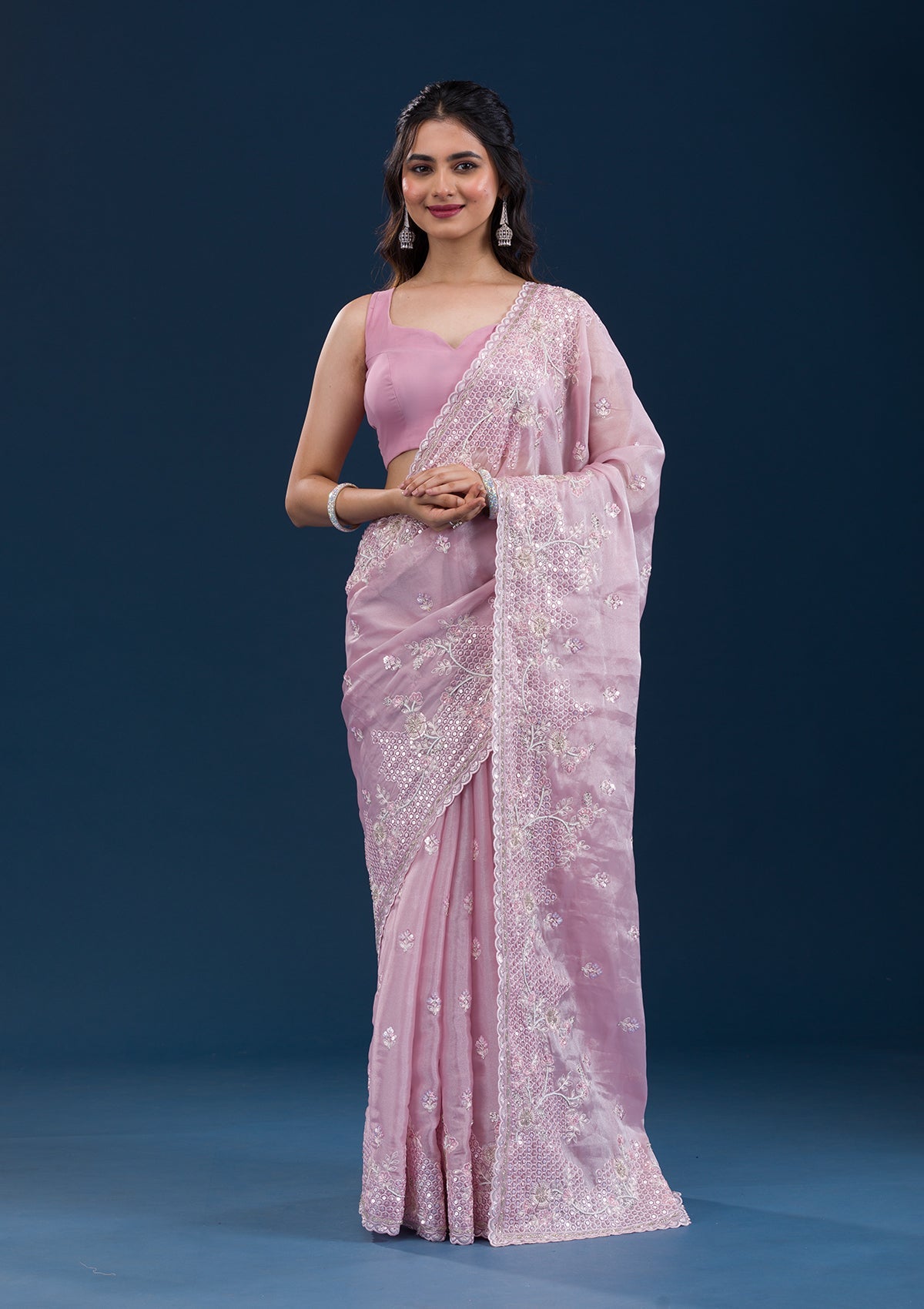 Koskii Onion Pink Sequins Tissue Saree – Women's