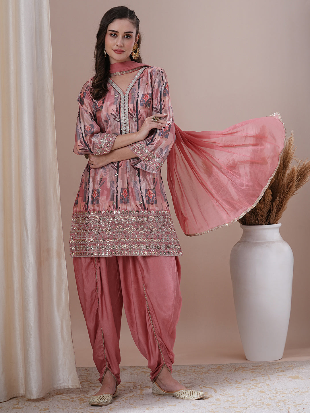 FASHOR Floral Printed Embroidered Straight Fit Kurta with Dhoti Pant & Dupatta - Peach