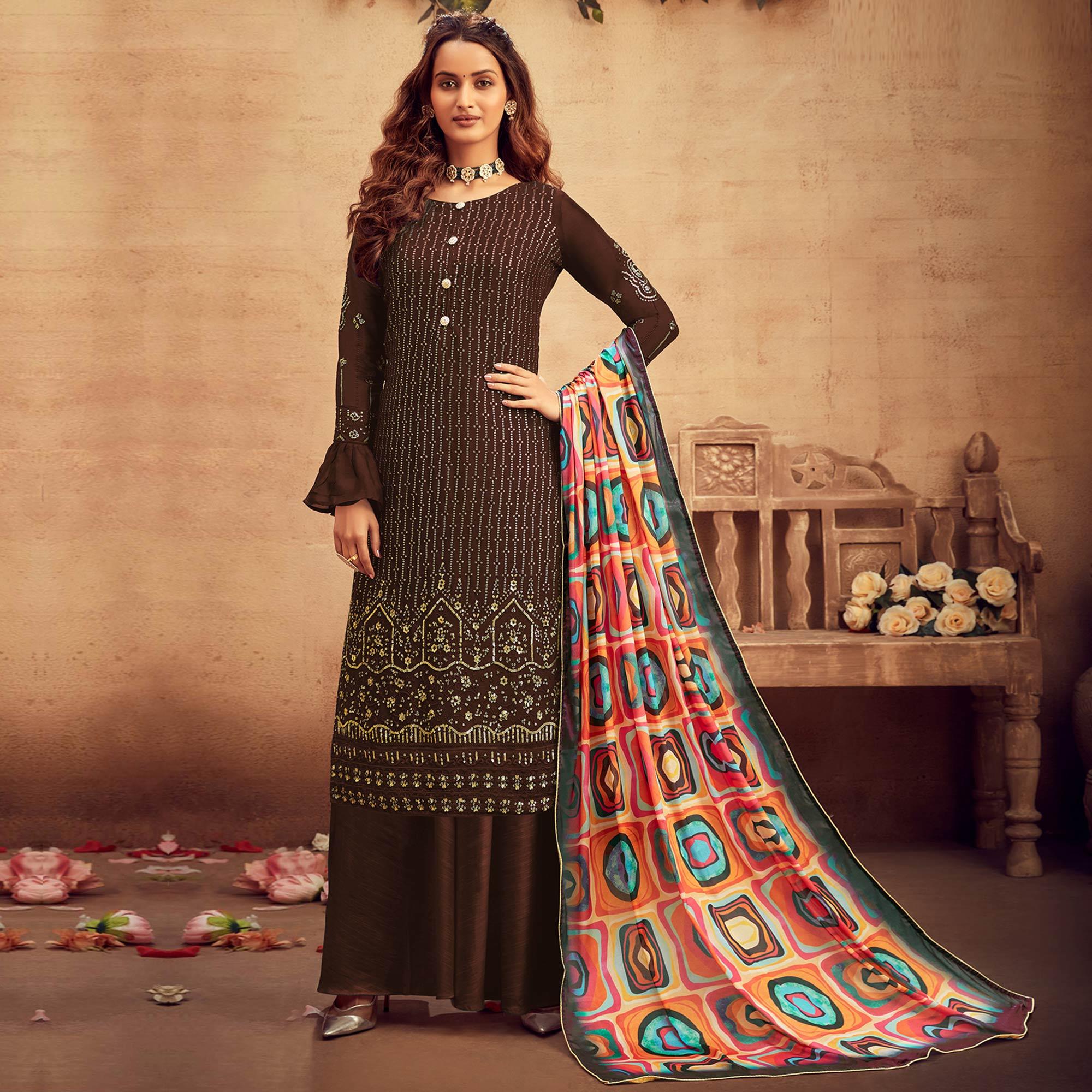 Peachmode Elegant Bronze Coloured Partywear Designer Embroidered Sequins Heavy Faux Georgette Palazzo Suit