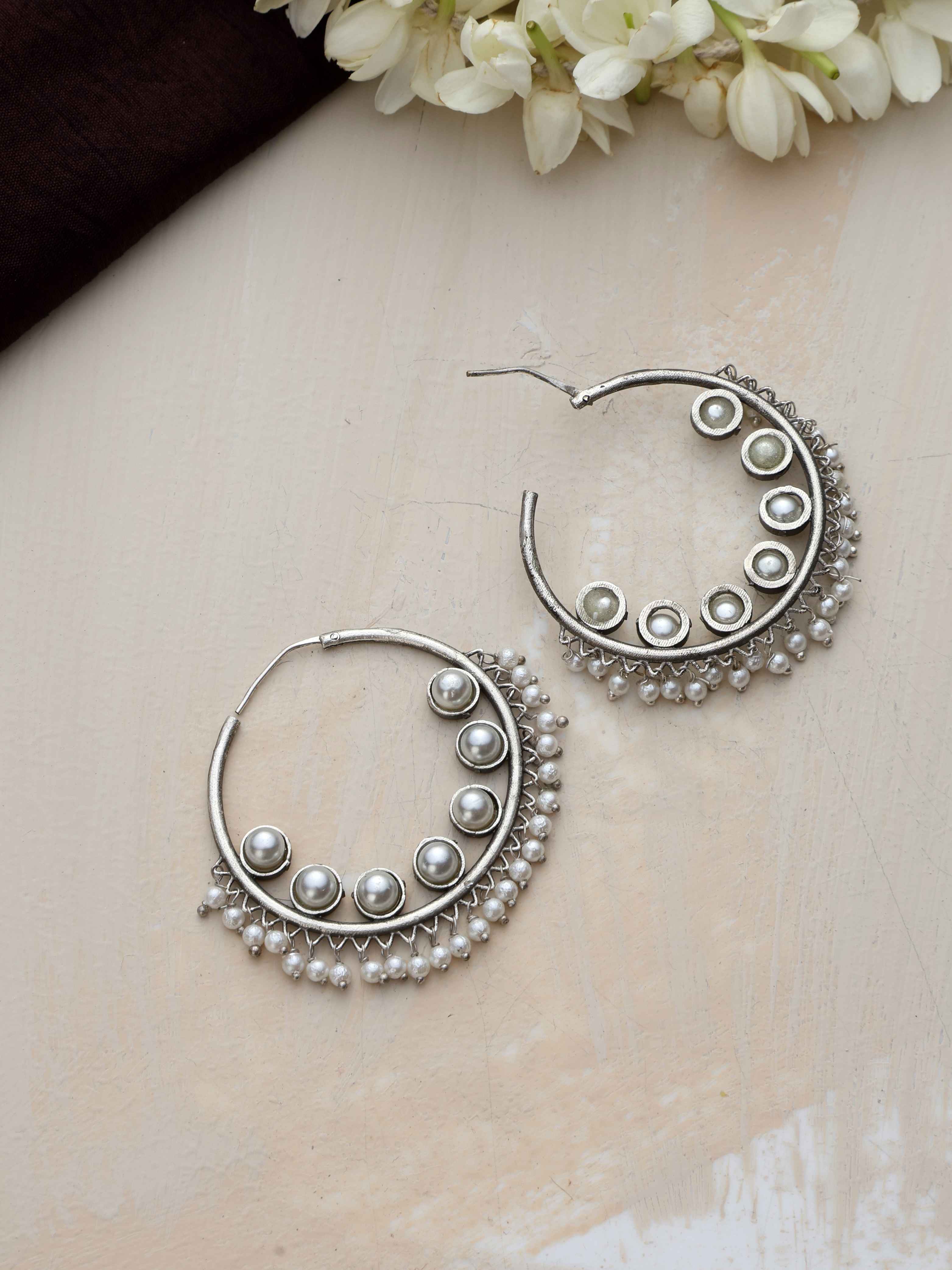 trueBrowns Silver Tone Pearl Hoop Earrings - view 5
