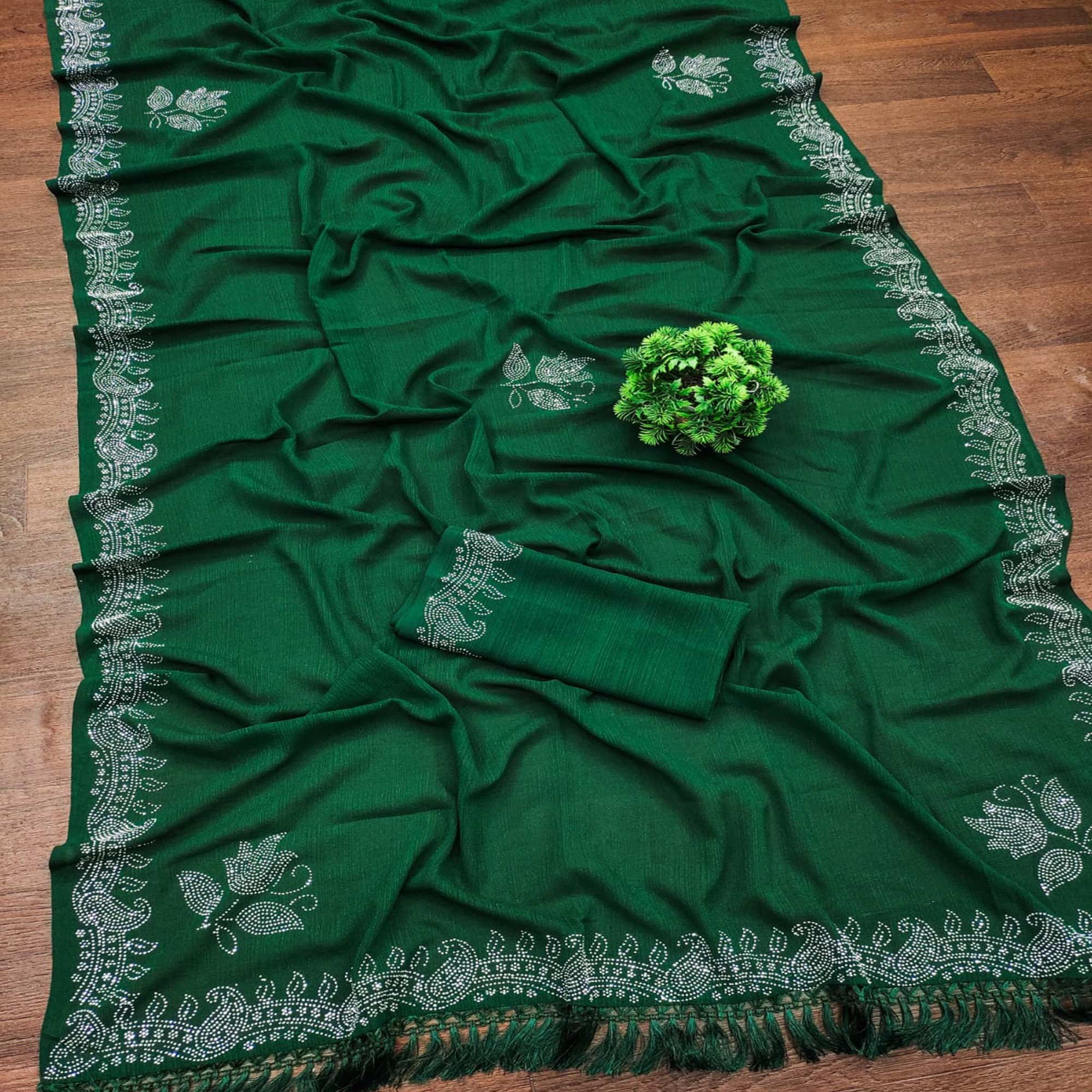 Green sarees – BlackTree green-floral-swarovski-work-georegette-saree-with-tassels