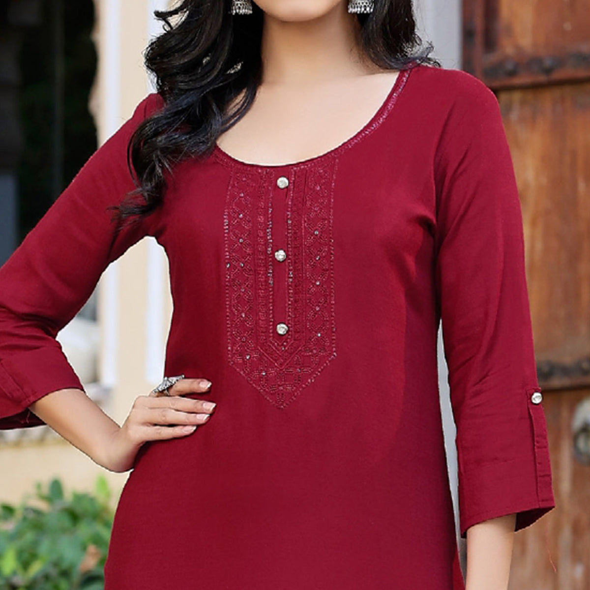 Peachmode Maroon Embroidered Rayon Kurti – Women's - view 2