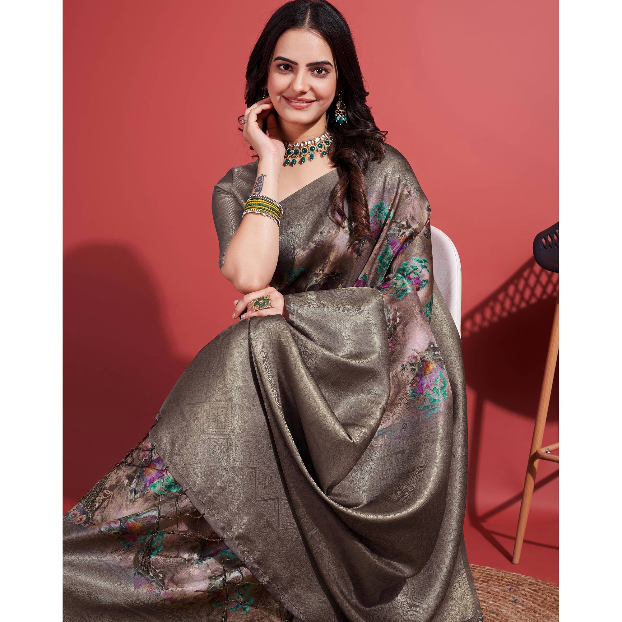 Peachmode Dusty Brown Floral Digital Printed With Woven Border Banarasi Silk Saree - view 7