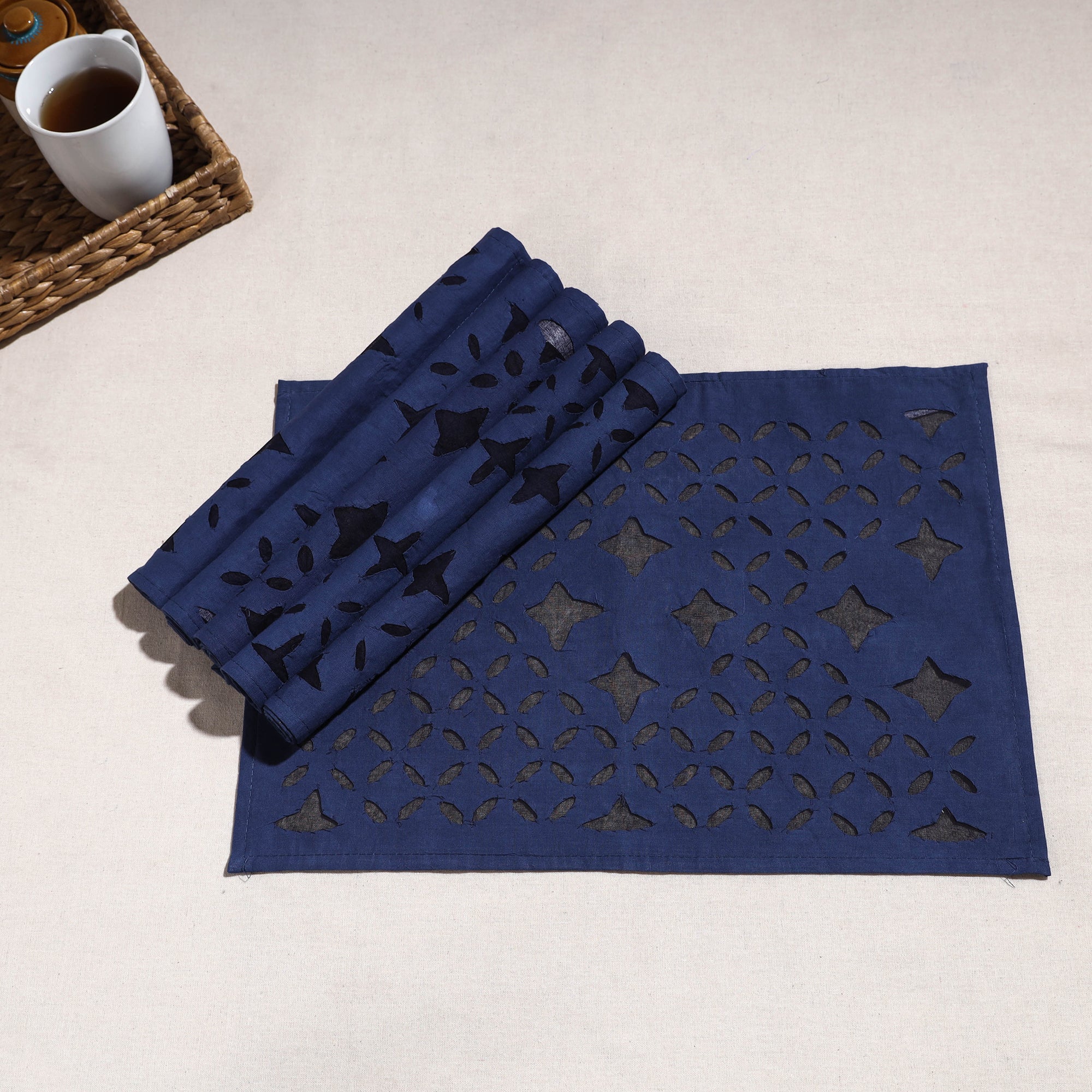 SHADES OF MARUDHARA Blue - Applique Cut work Cotton Table Mats (set of 6) - view 2