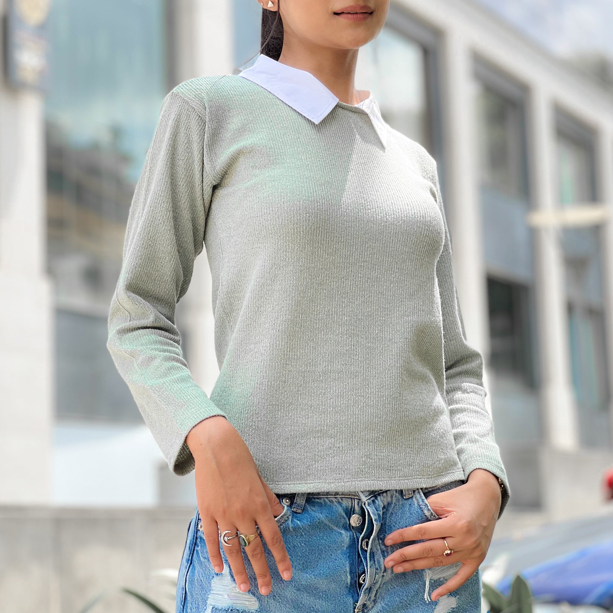 Normcore Long Sleeve Contrast Collar Top – Mint - view 5