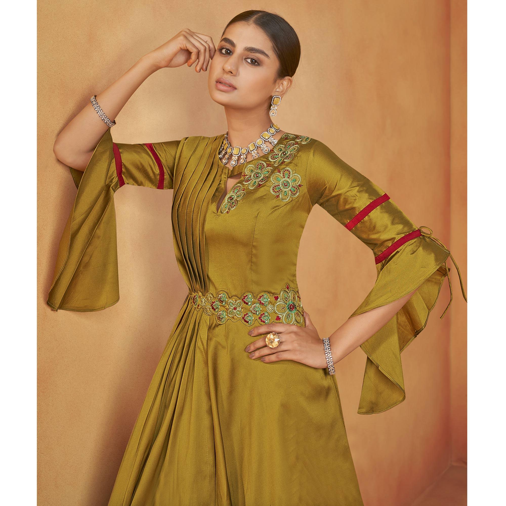 Peachmode Seller Mehendi Green Party Wear Embroidered Tapetta Gown - view 2