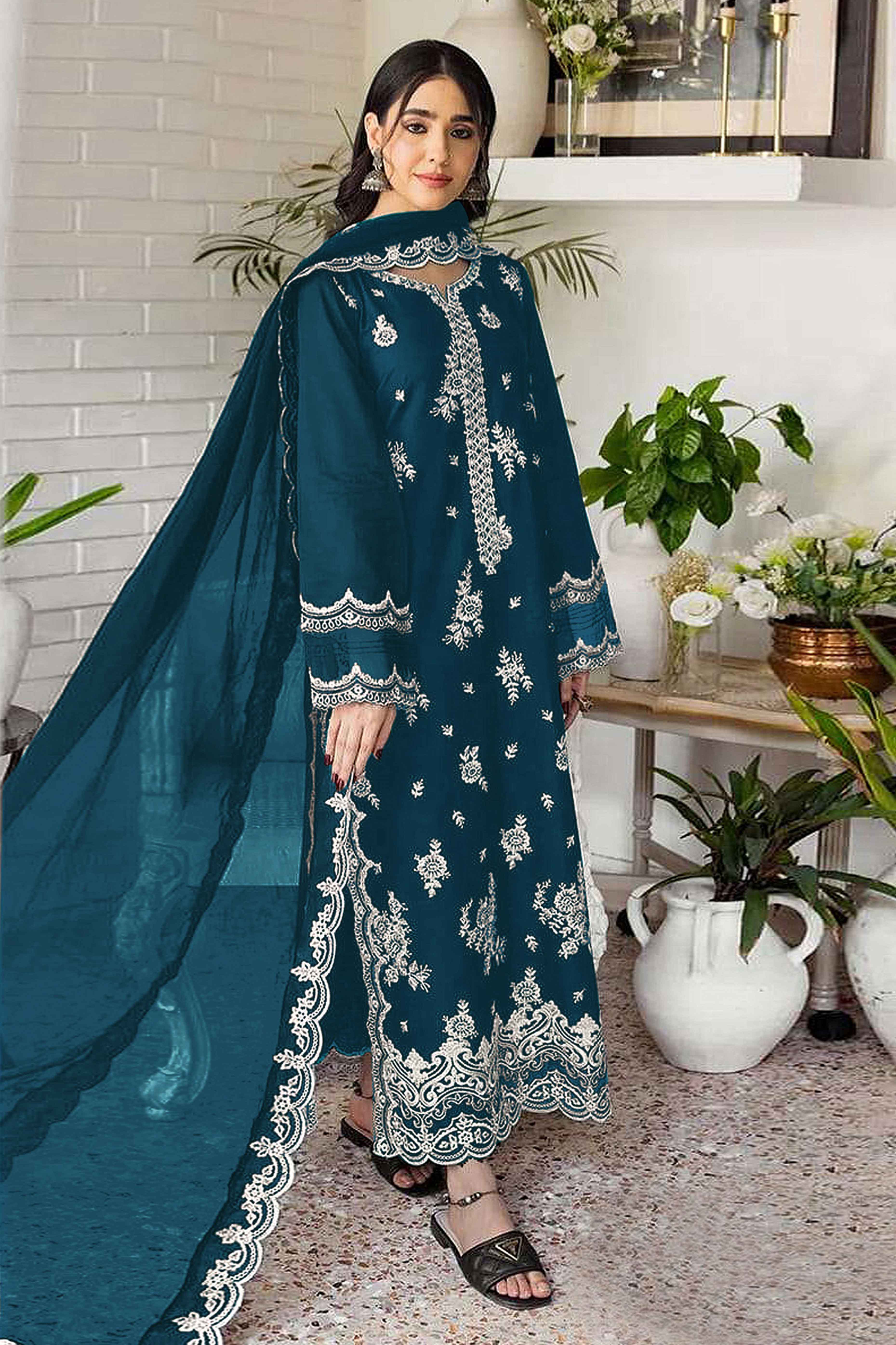 Peachmode Morpich Blue Floral Embroidery Georgette Semi Stitched Pakistani Suit