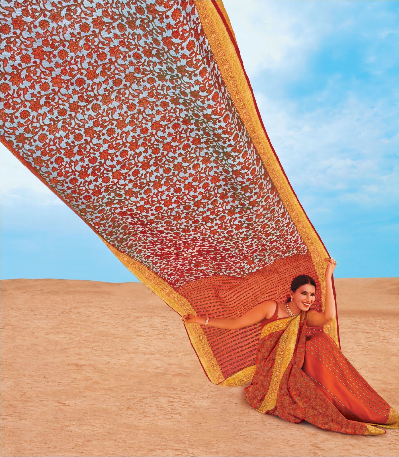RmKV Orange Handloom Lino Lite Partly Silk Saree Meena Motifs