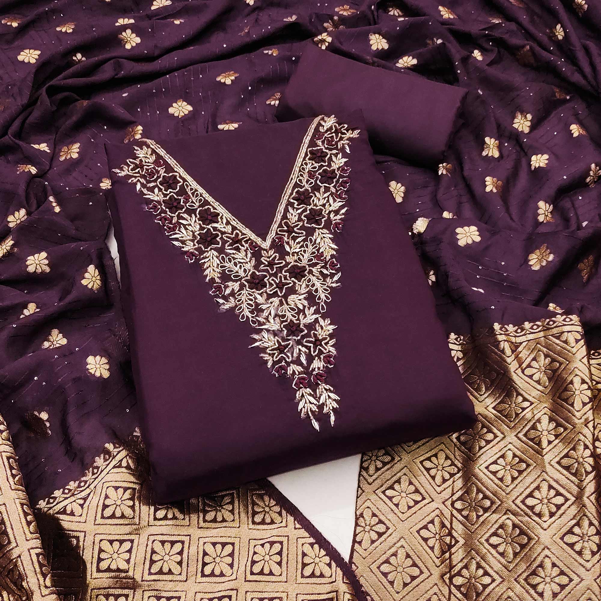 Peachmode Purple Beads Embroidered Viscose Dress Material