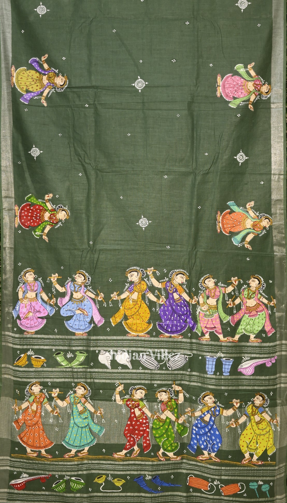 IndianVillèz Green Nartaki Theme Hand-Painted Pattachitra Saree(PRE ORDER) - view 3