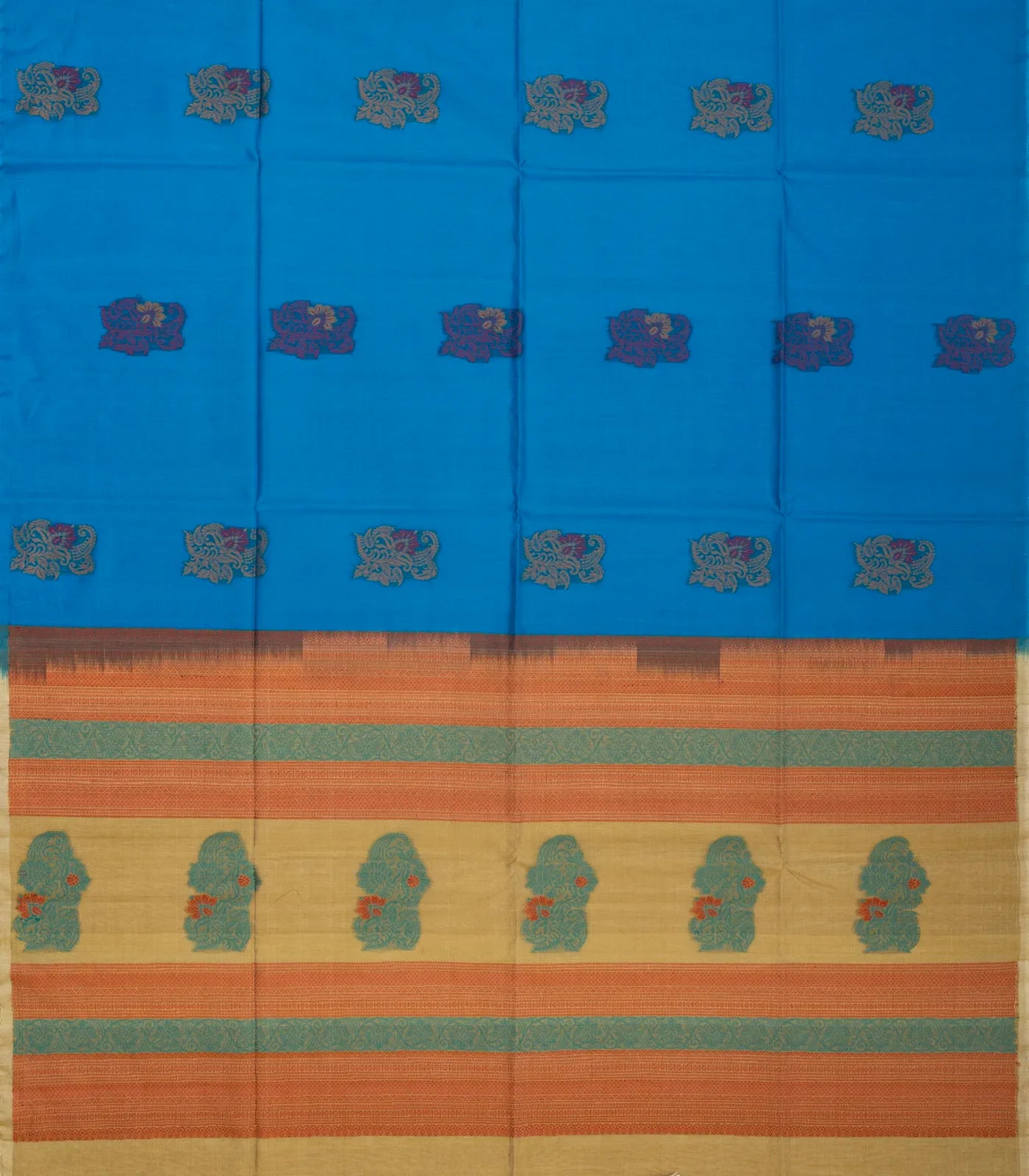 RmKV Blue Handloom Kora Silk Cotton Saree And Mustard Pallu - view 2