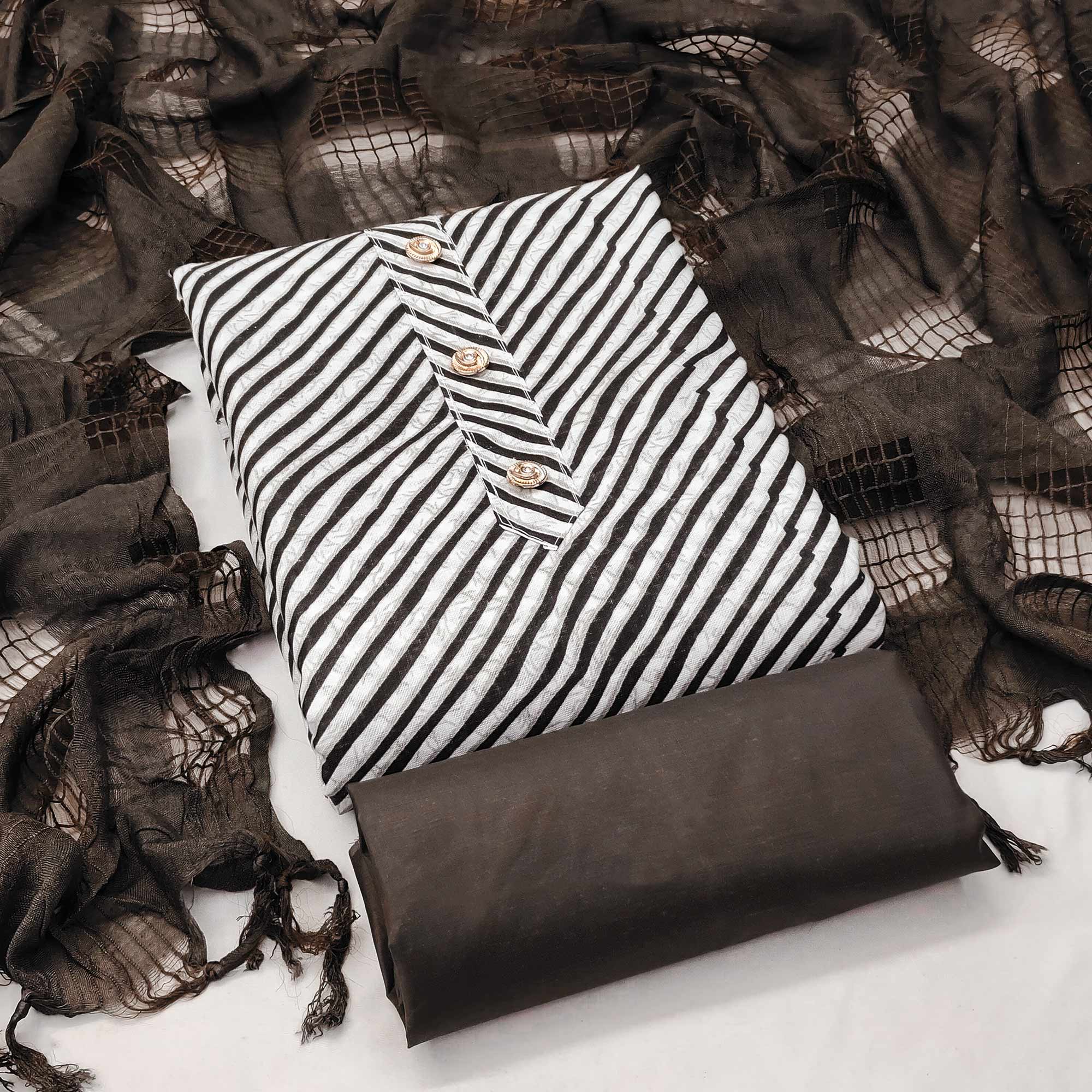 Peachmode Grey Striped Printed Cotton Blend Dress Material