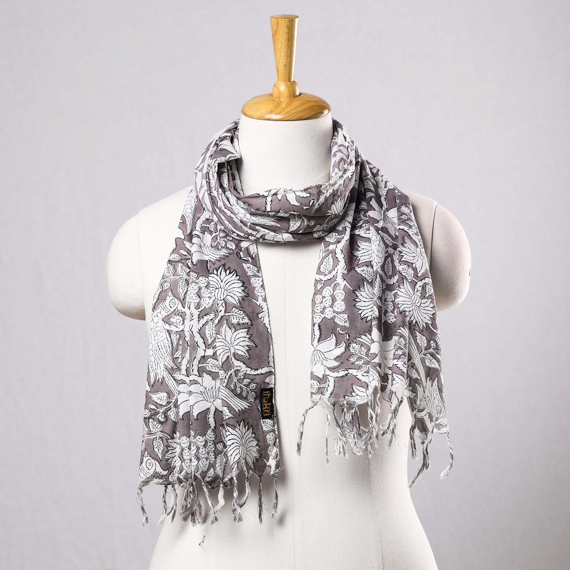 NOORI BAZAR Brown - Lavender with White Mor & Flowers Sanganeri Block Printed Cotton Stole