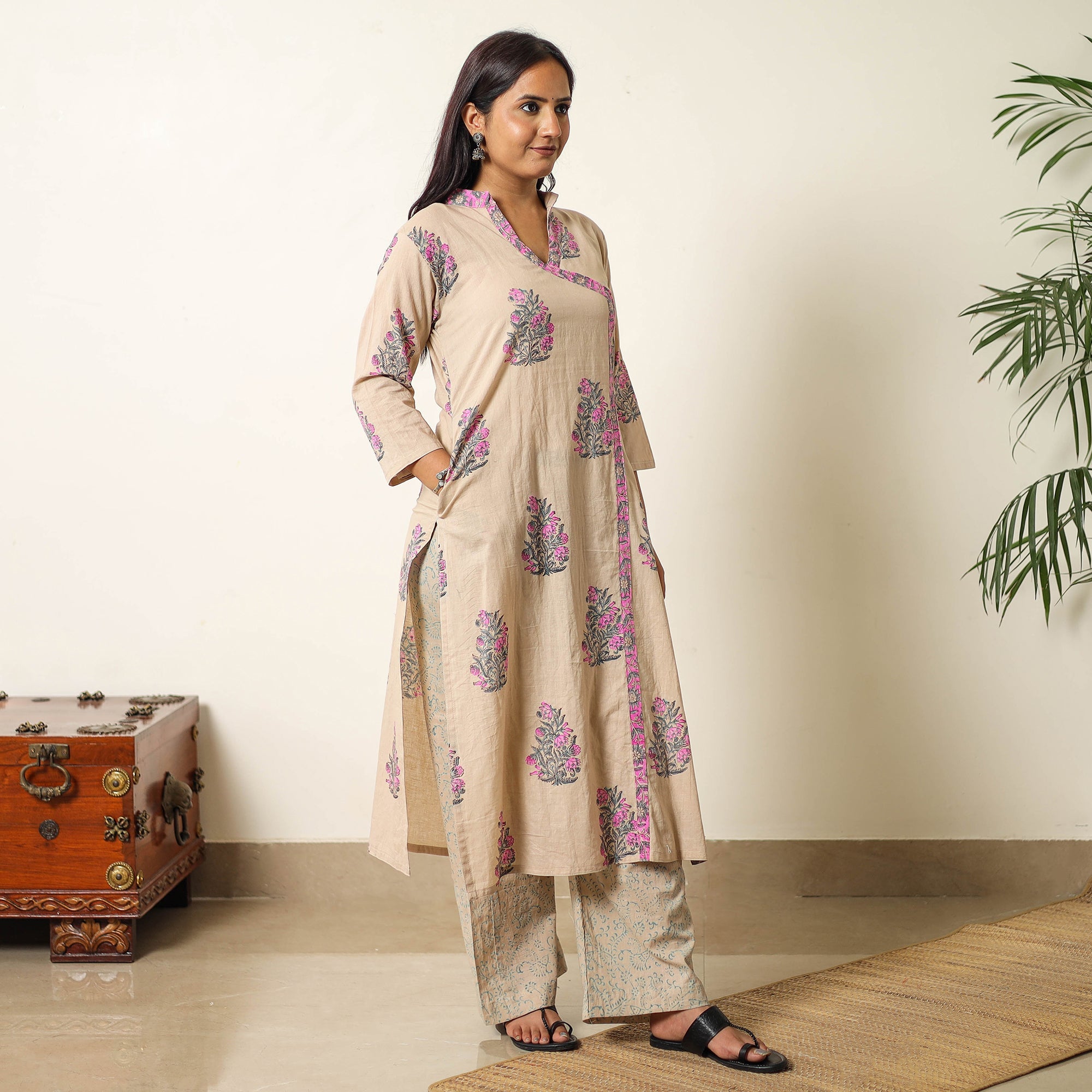 ITOKRI CASUALS Brown - Sanganeri Block Printed Cotton Kurta with Palazzo & Dupatta Set 01 - view 3