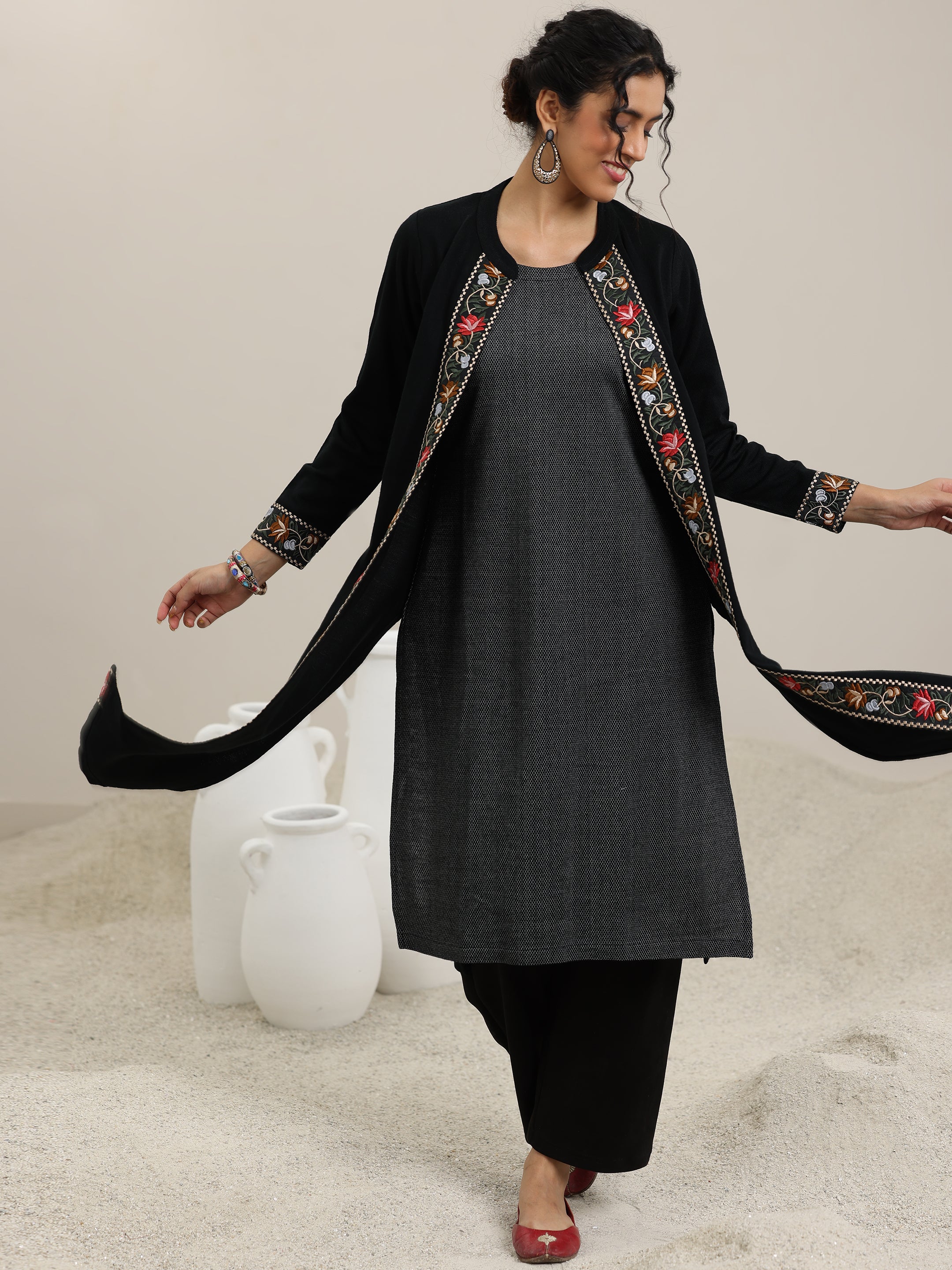 Libas Black Embroidered Wool Straight Kurta - view 2