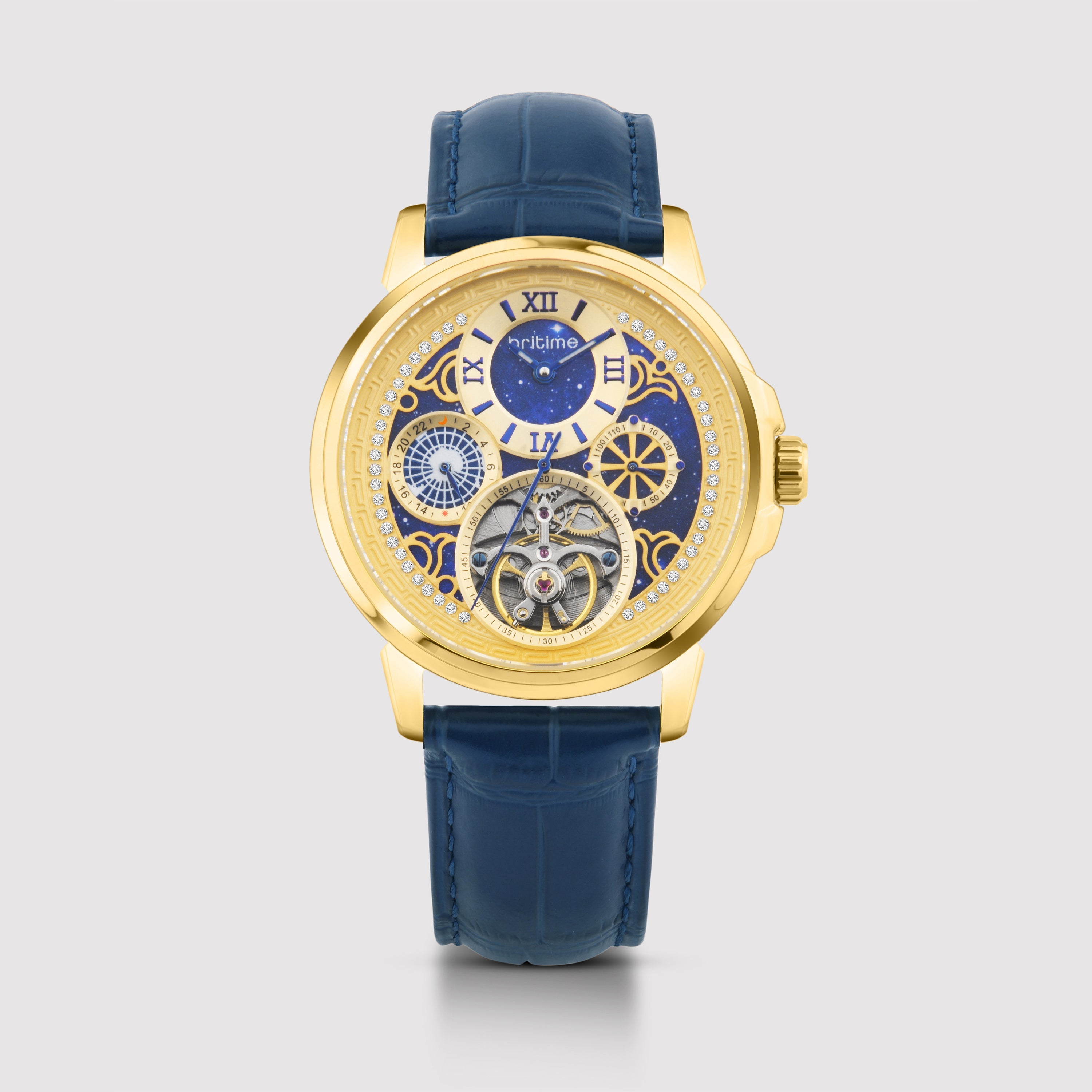 Britime Aquatica Men Automatic Blue Dial Multi-Function Leather Watch 274-L20507