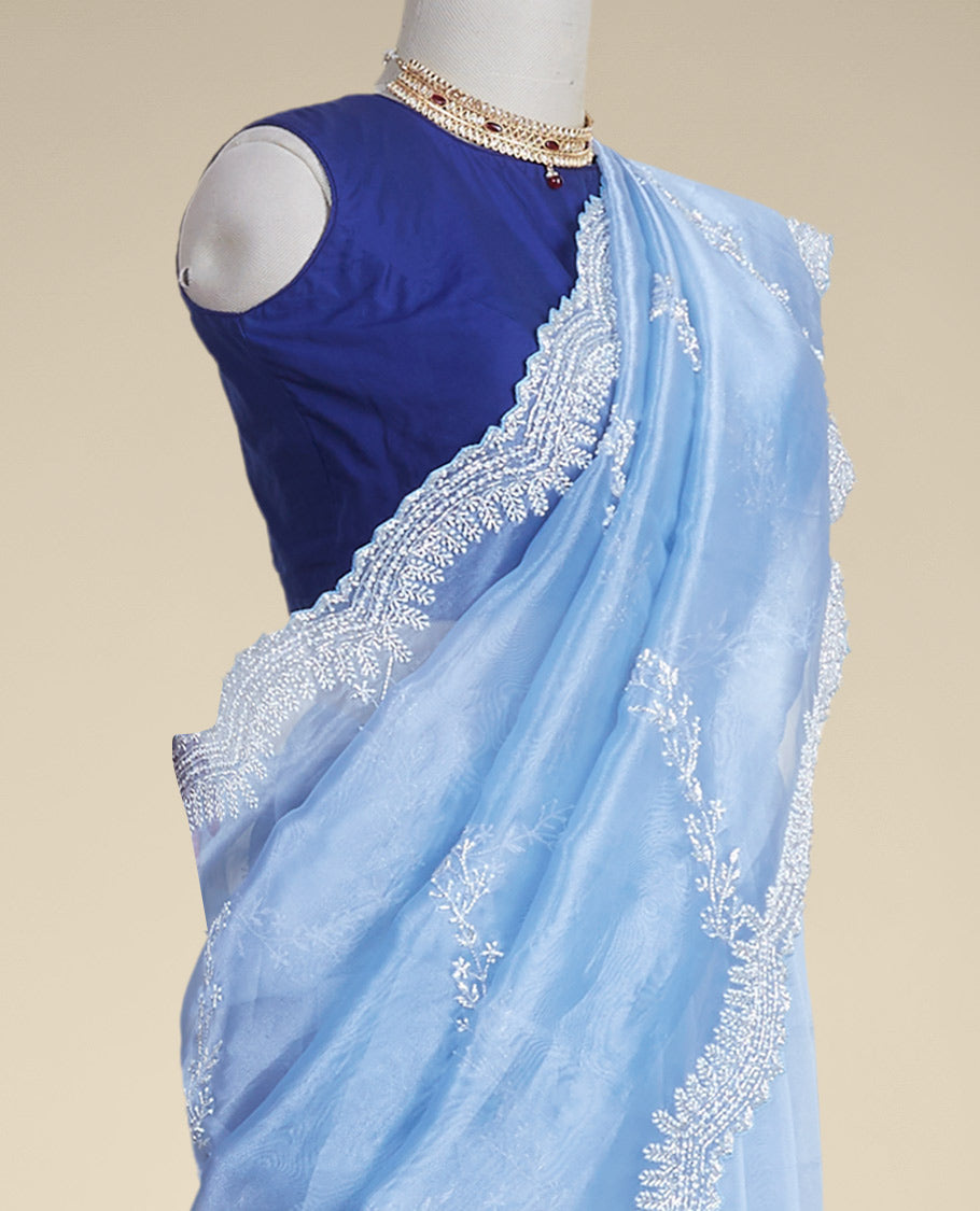 Pothys Blue floral emboridery tissue silk saree with scallop floral border