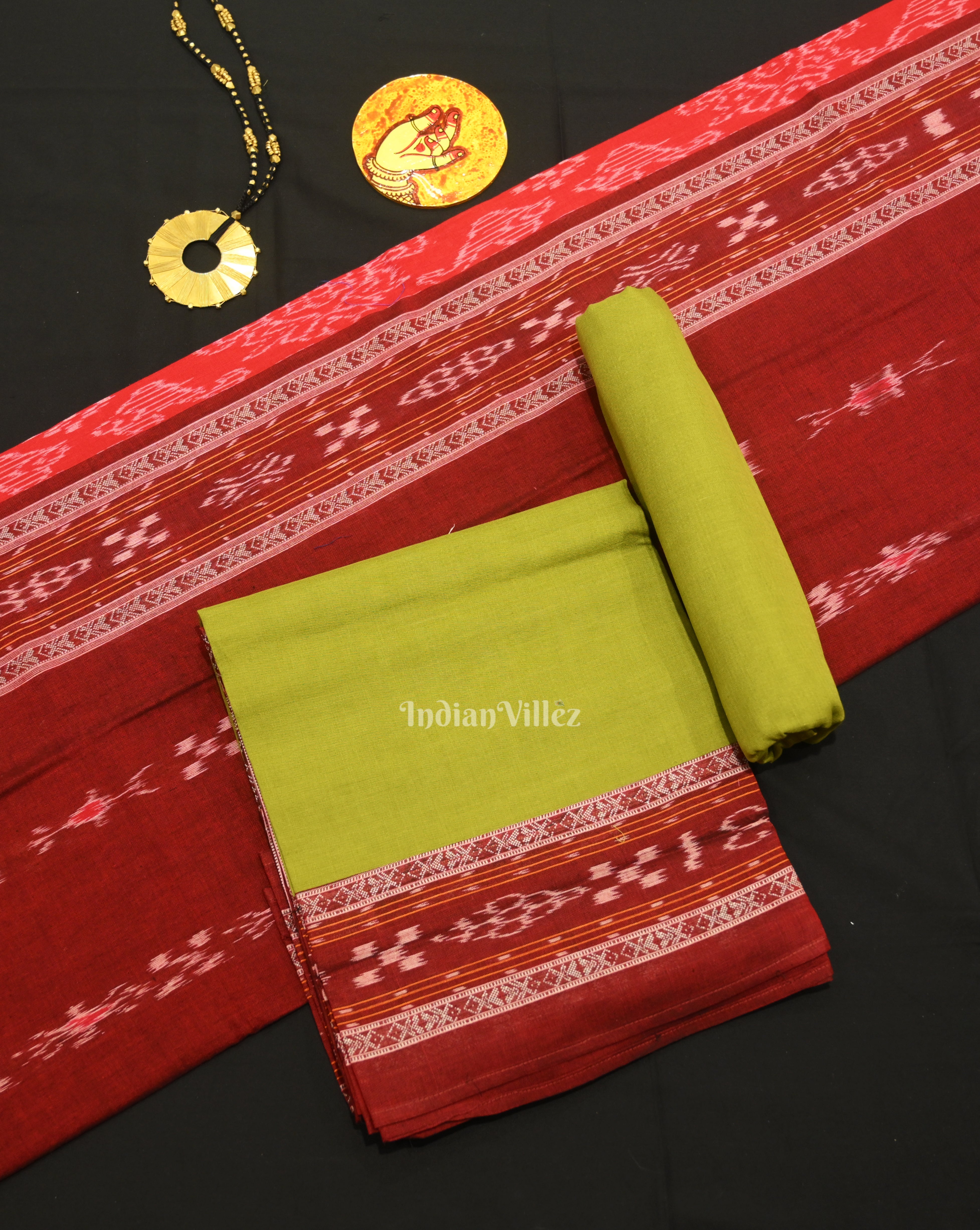 IndianVillèz Red Green Pasapali Sambalpuri Cotton Dress set with Dupatta