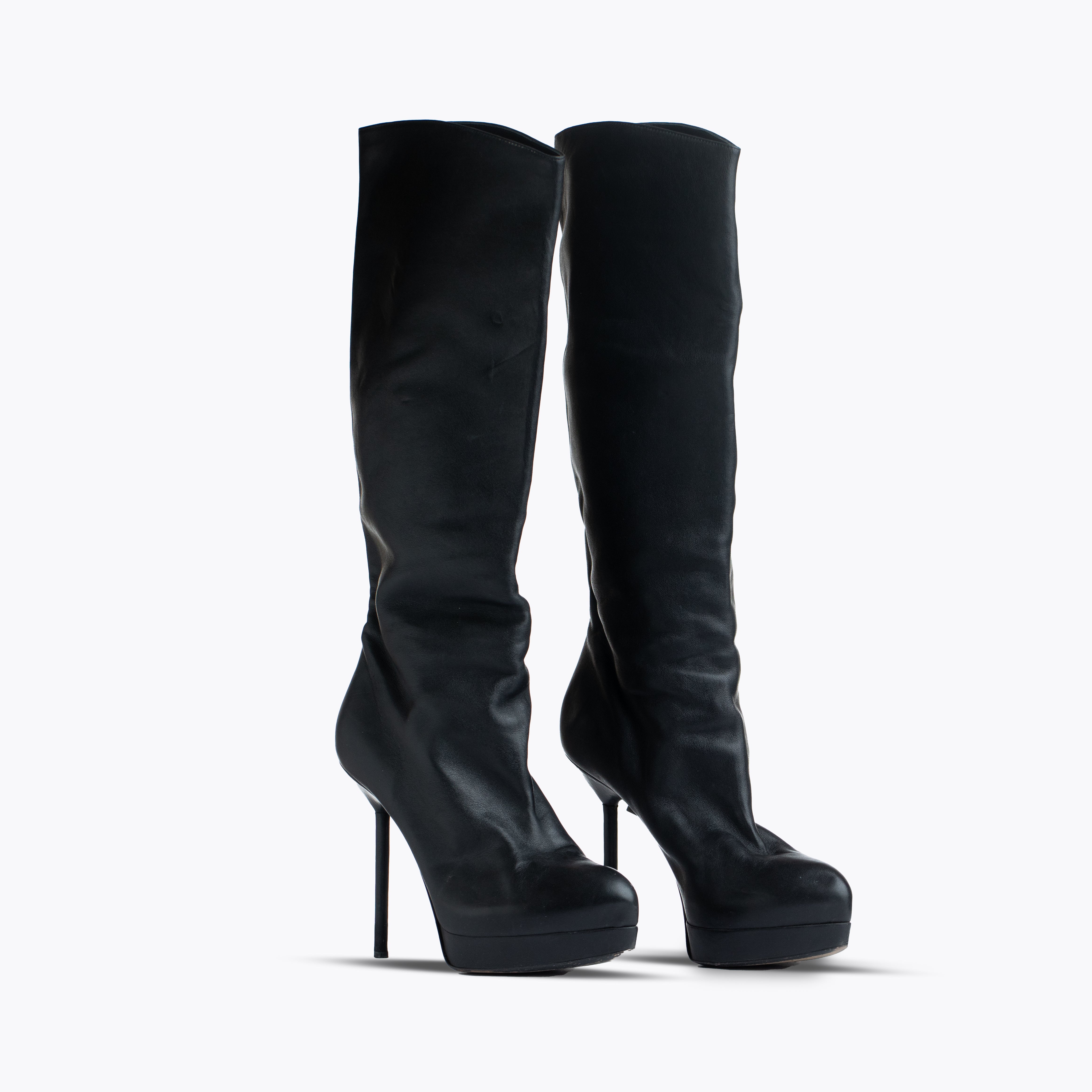 YSL Yves Saint Laurent Rive Gauche Knee Length Black Leather Heeled Boots - view 2