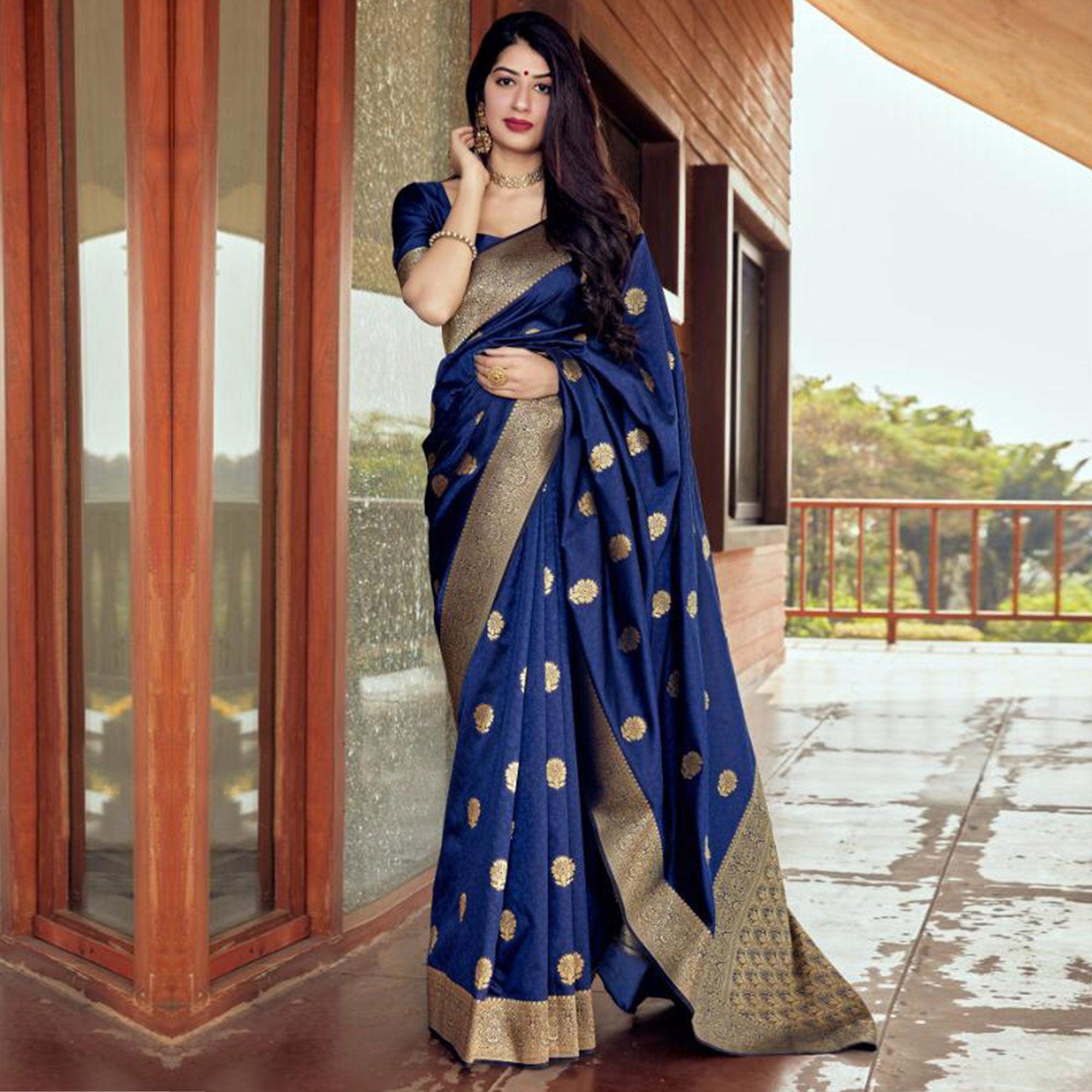 Peachmode Jazzy Navy Blue Coloured Partywear Woven Silk Saree