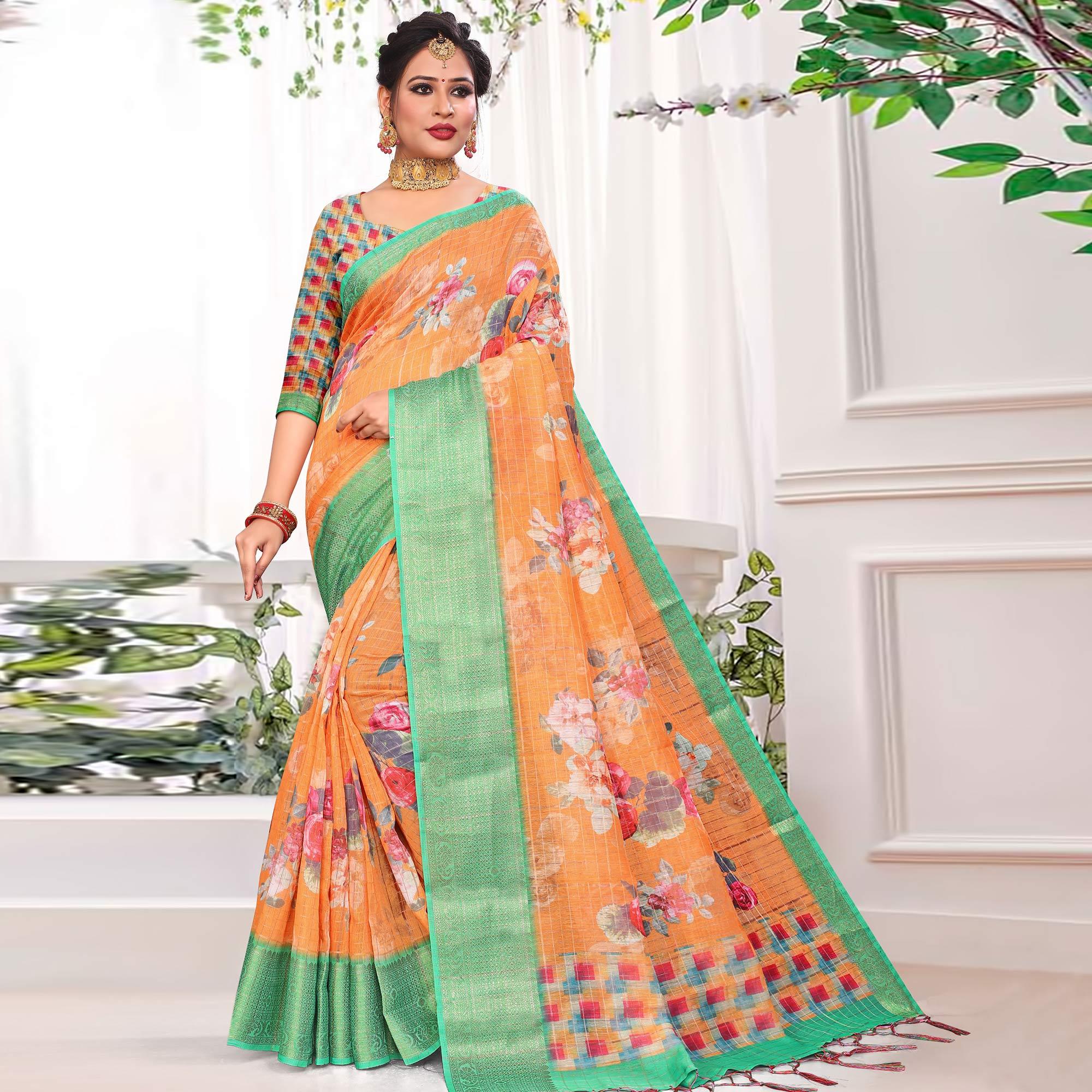 Peachmode Ideal Orange Colored Festive Wear Digital Printed Linen Saree