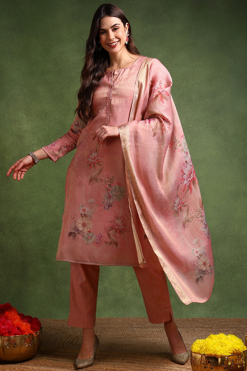 Ahika Pink Linen Blend Woven Design Straight Trouser Suit Set PKSKD2697