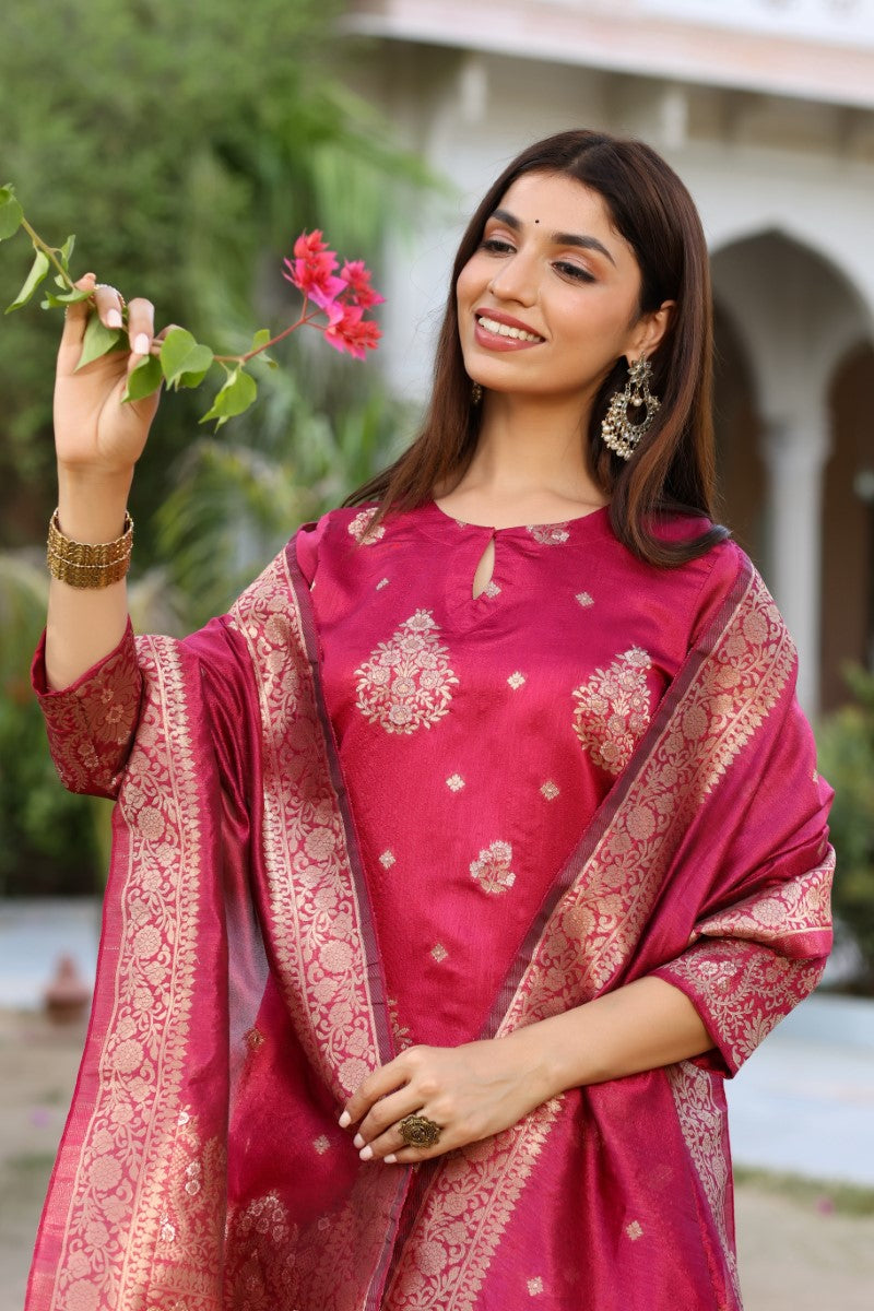 AHIKA Women Maroon Woven Design Kurta Trousers With Dupatta PKSKD1193 - view 3