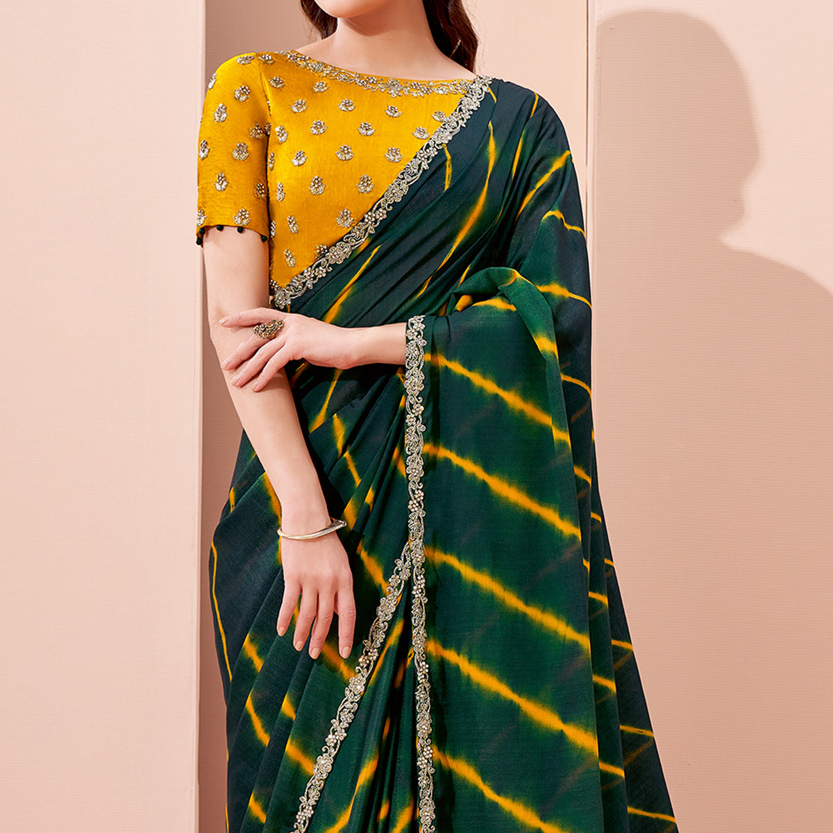 Peachmode Bottle Green Printed With Embroidered Georgette Saree - view 3