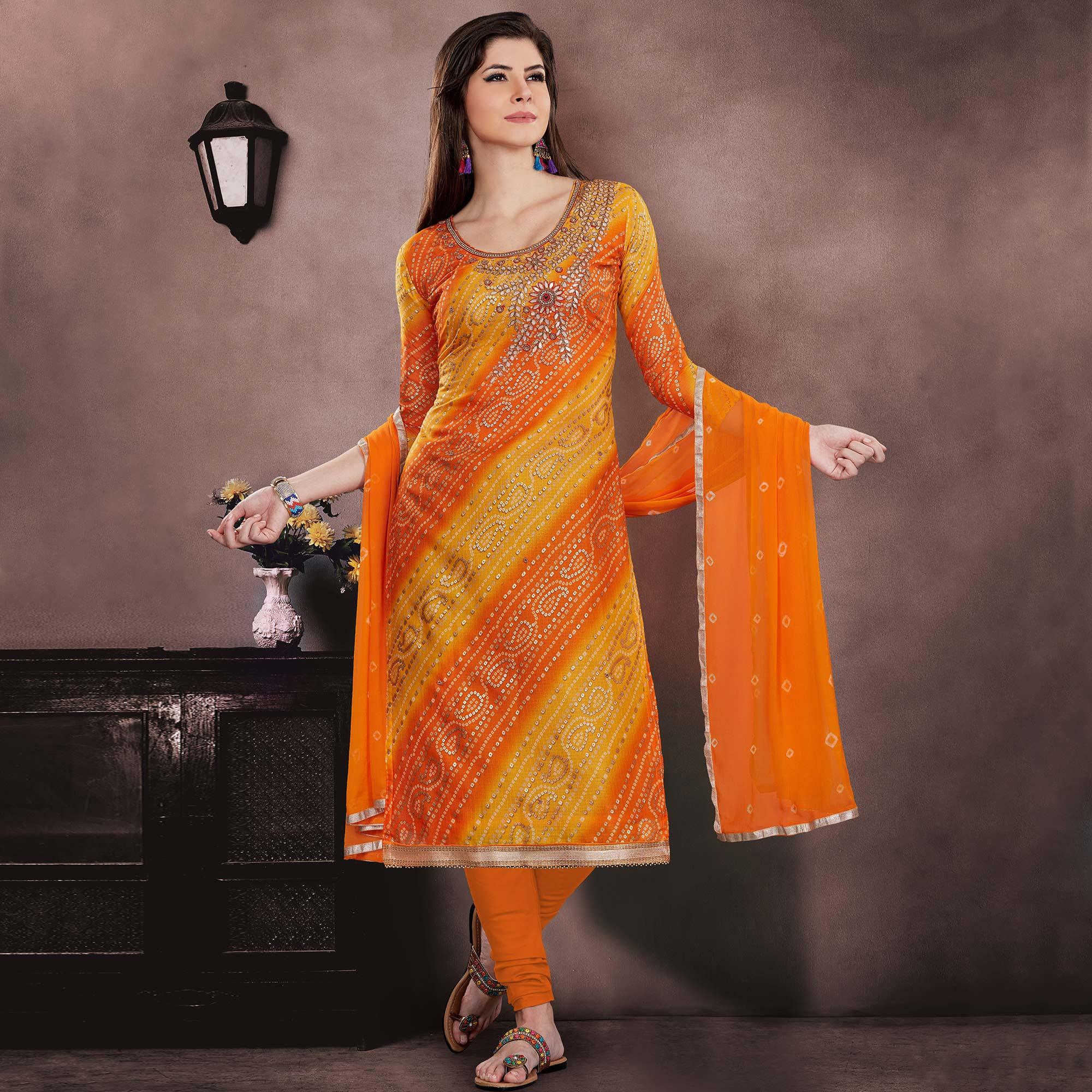 Peachmode Classy Orange - Yellow Colored Casual Wear Embroidered Modal Chanderi Dress Material