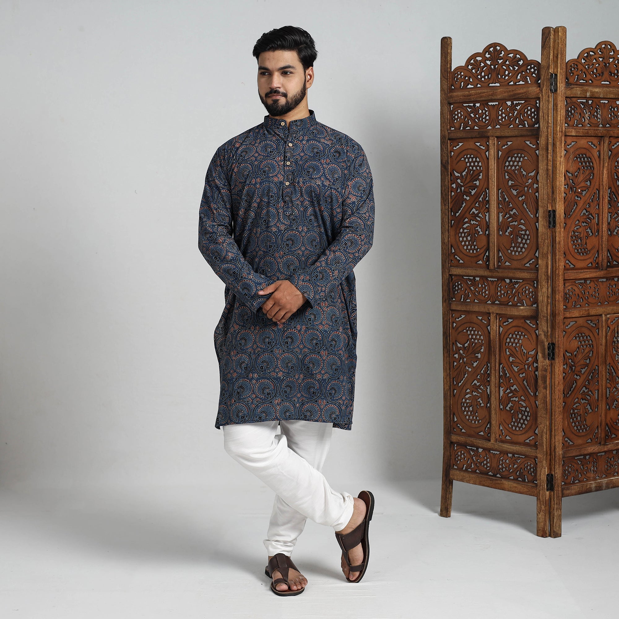 ITOKRI CASUALS Ajrakh Block Printed Cotton Men Long Kurta 19 - view 2