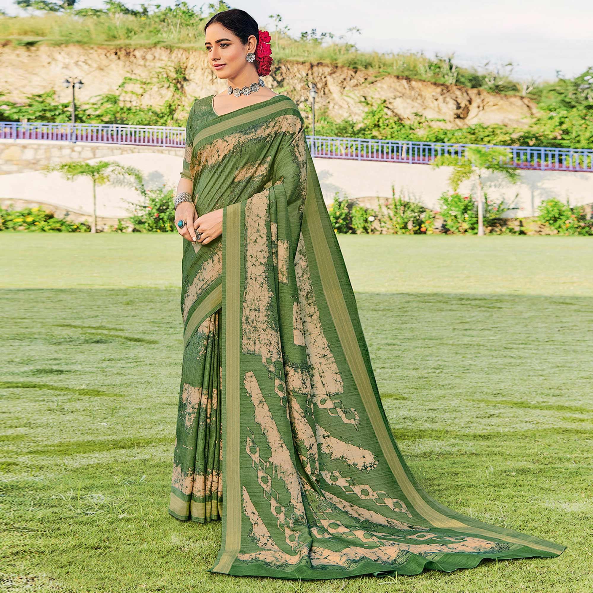 Peachmode Mint Green Printed Cotton Silk Saree