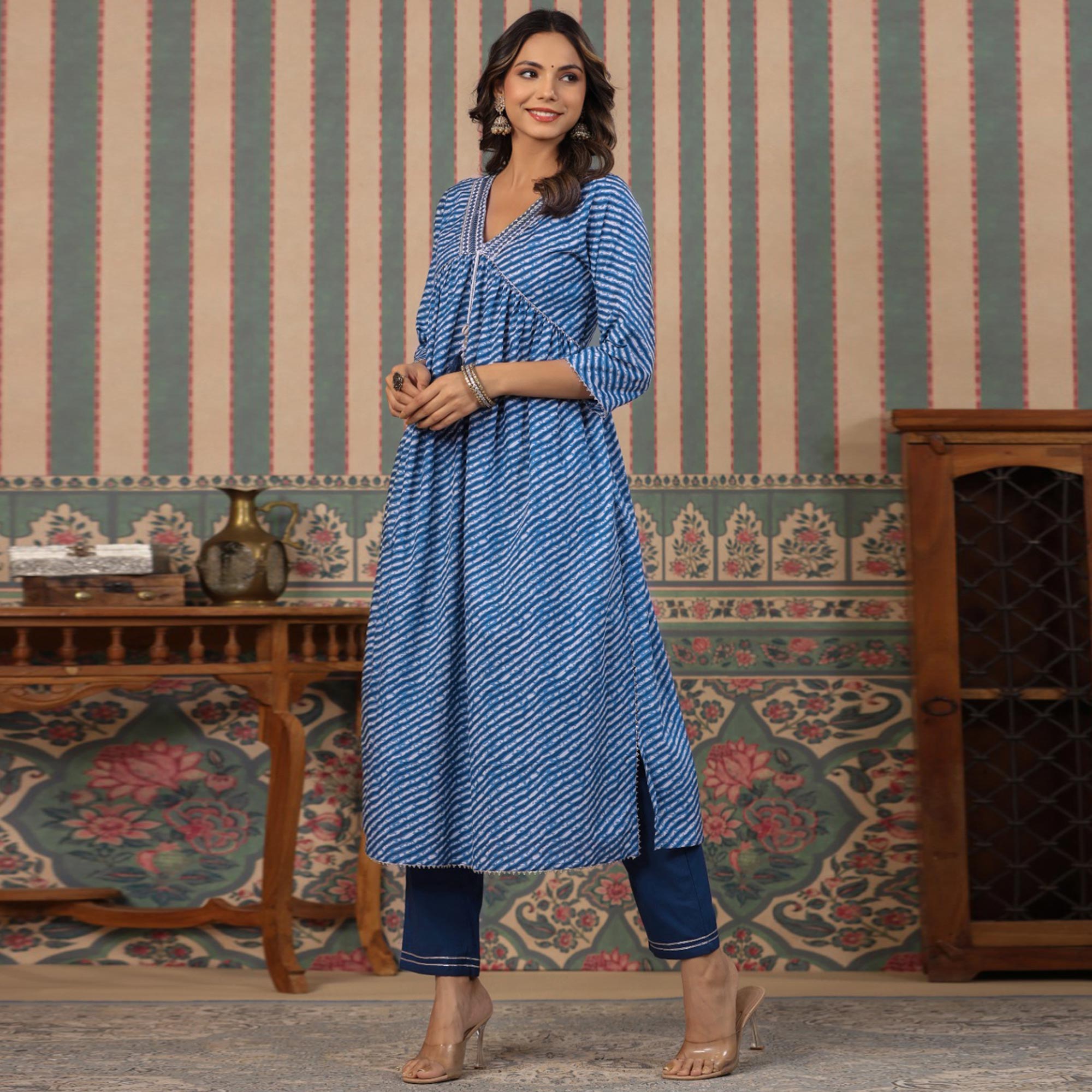 Peachmode Blue Striped Printed Gota Work Pure Cotton Alia Cut Kurti Pant Set