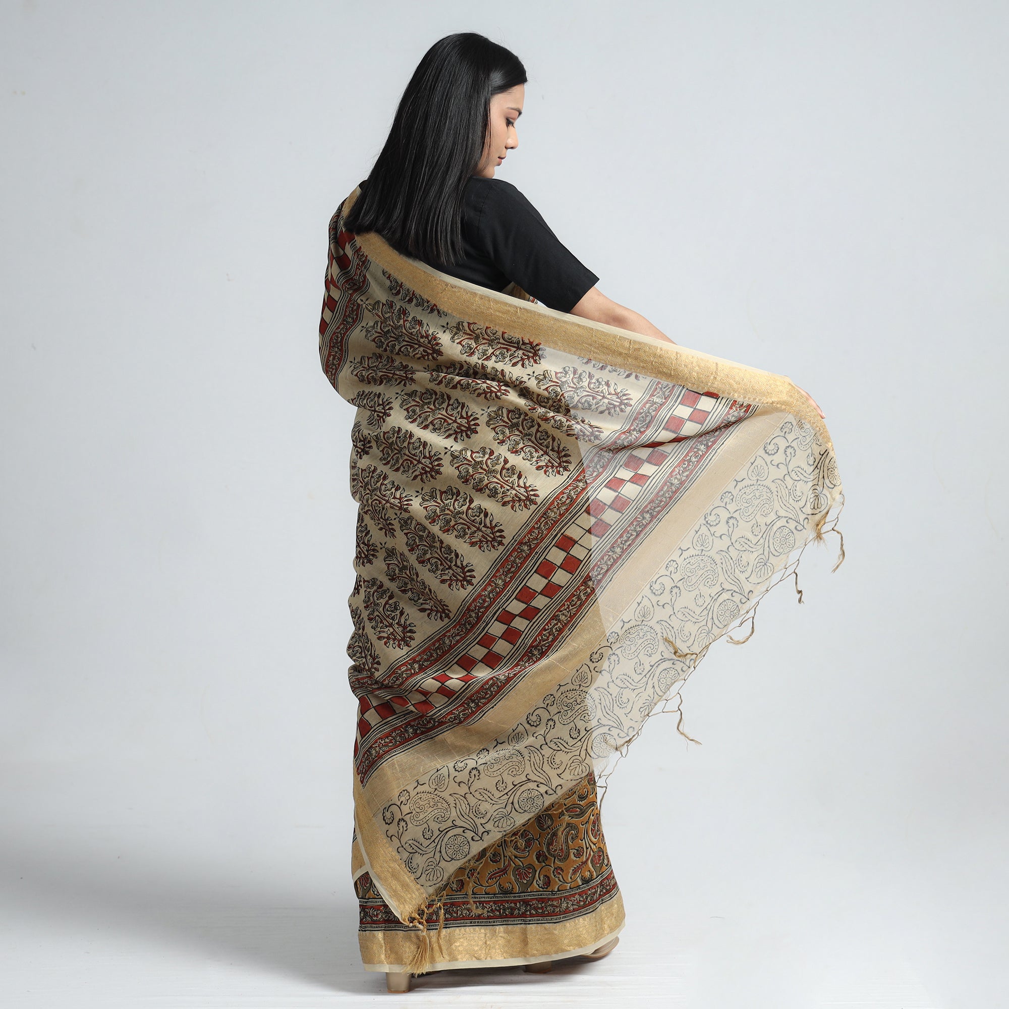 VENKATA BHANU KALAMKARI PEDANA Brown - Original Pedana Kalamkari Block Print Silk Saree - view 6