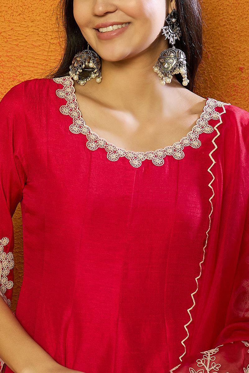 Ahika Fuchsia Pink Silk Blend Solid Embroidered Flared Suit Set PKSKD2365 - view 2