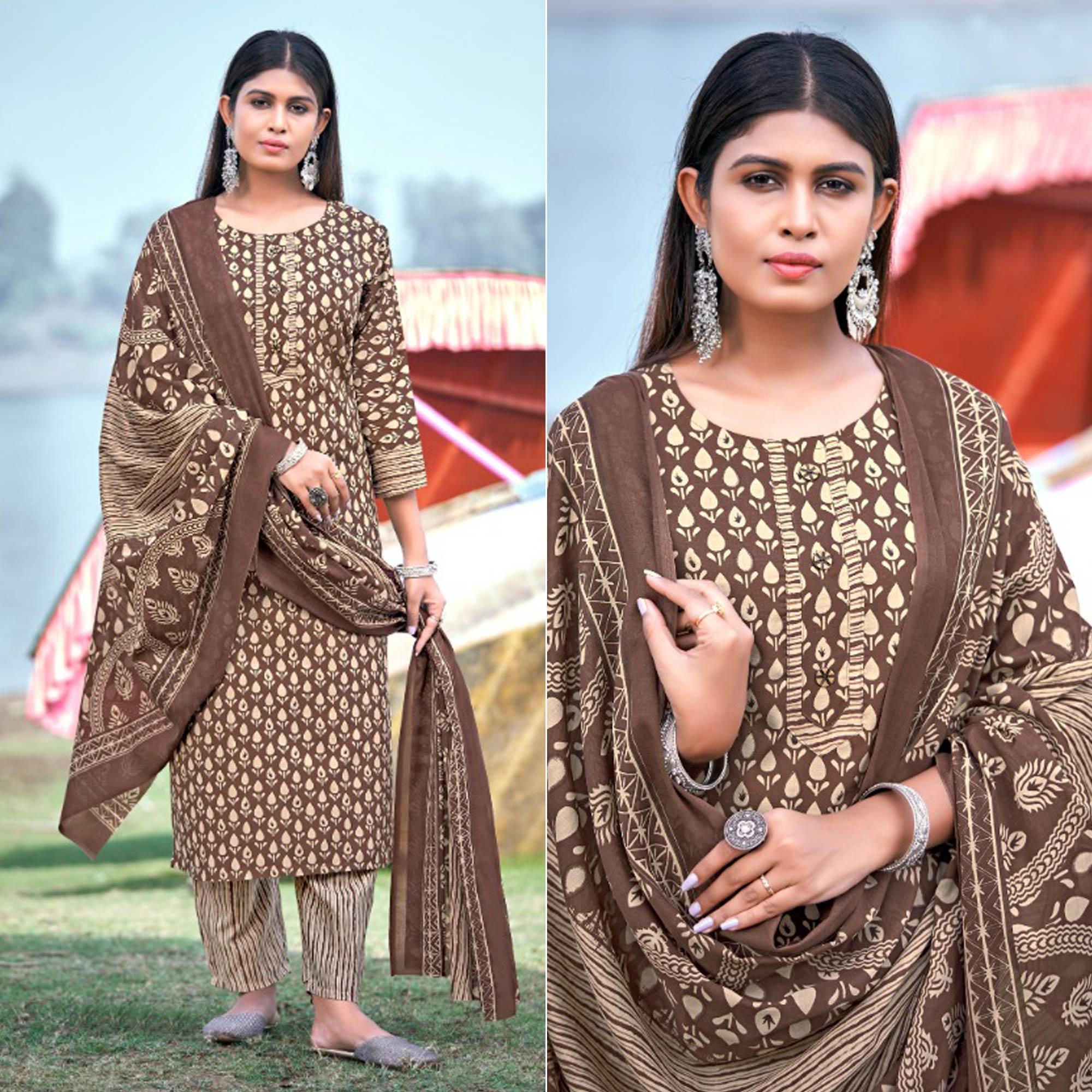 Peachmode Brown Floral Printed Pure Cotton Kurti Pant Set With Dupatta