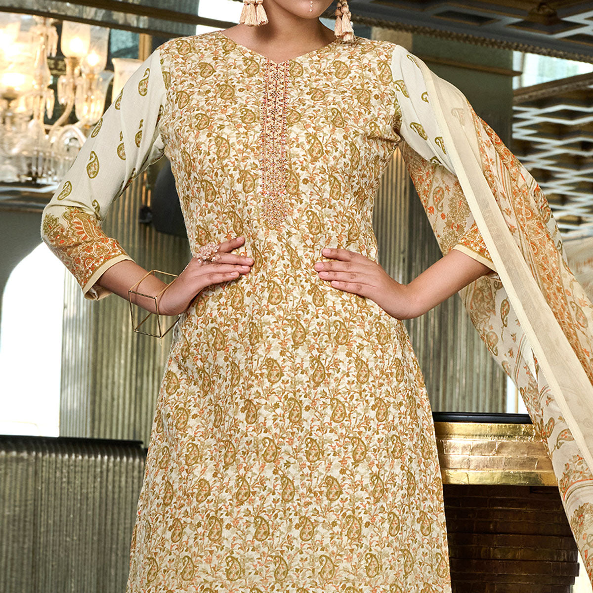 Peachmode Cream Printed With Embroidered Pure Cotton Salwar Suit - view 3