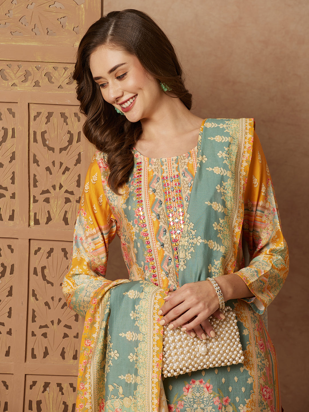 Fashor Ethnic Floral Printed Mirror Embroidered Kurta with Pant & Dupatta - Green - view 2