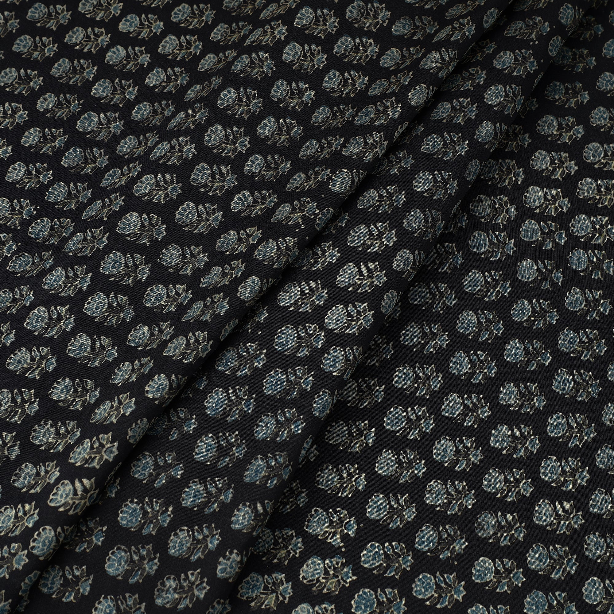 AJRAKH BY SUFIYAN ISMAIL KHATRI Black - Ajrakh Block Printed Natural Dyed Chanderi Silk Fabric 10 - view 2