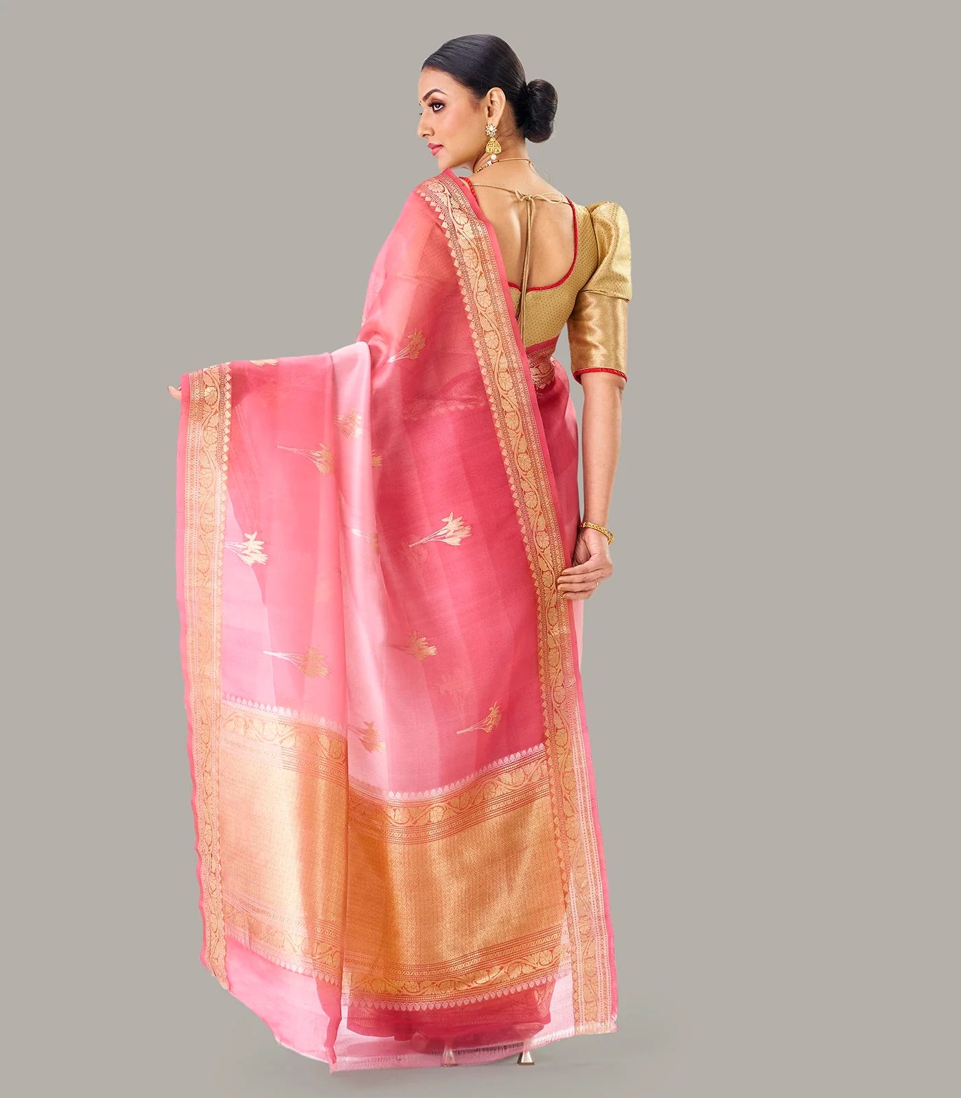 RmKV Dark Peach Banarasi Organza Silk Saree With Floral Motifs - view 2