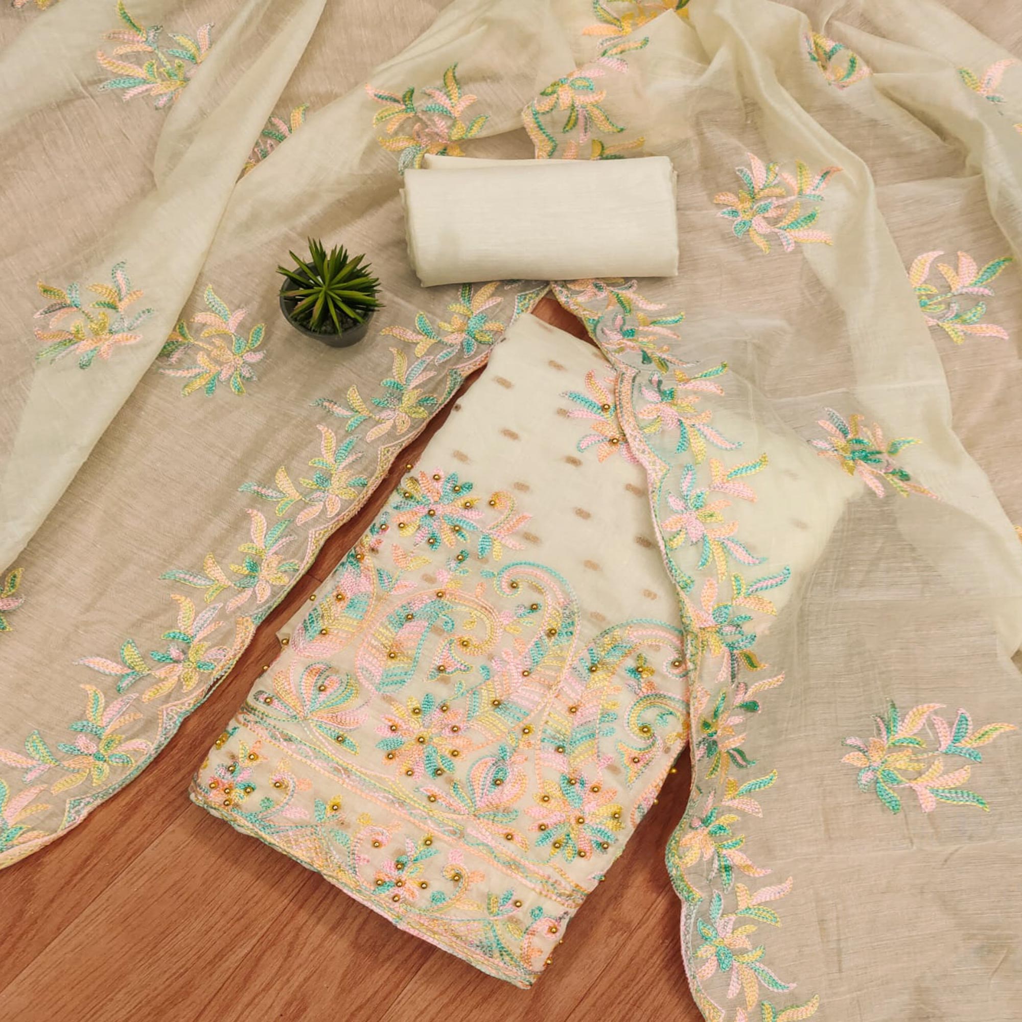 Peachmode Cream Floral Embroidered Chanderi Dress Material
