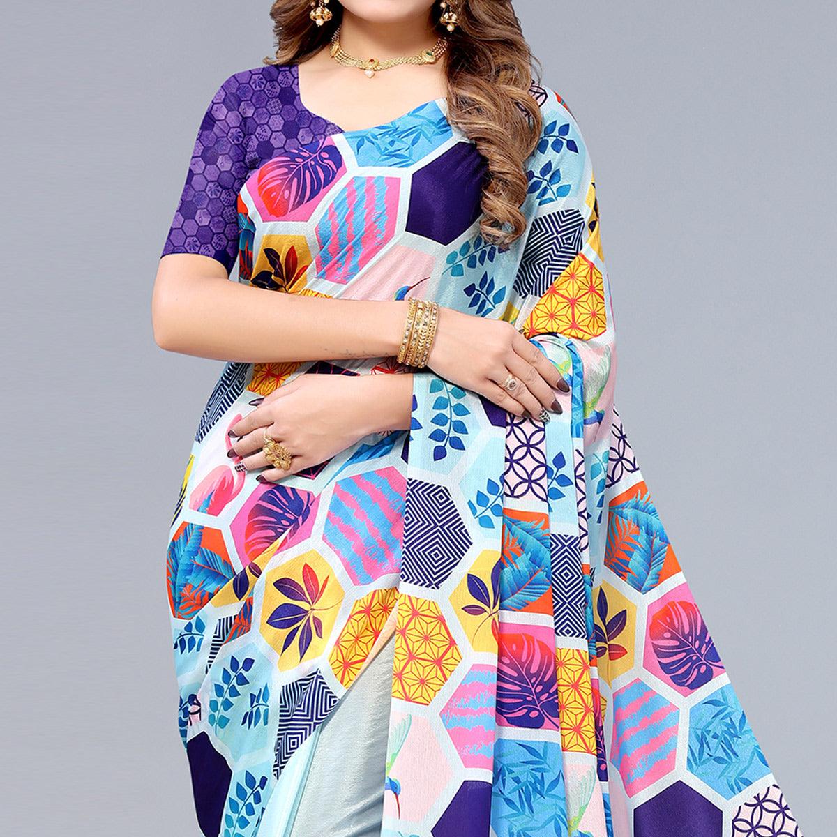 Peachmode Light Blue Floral Printed Chiffon Half and Half Saree - view 3