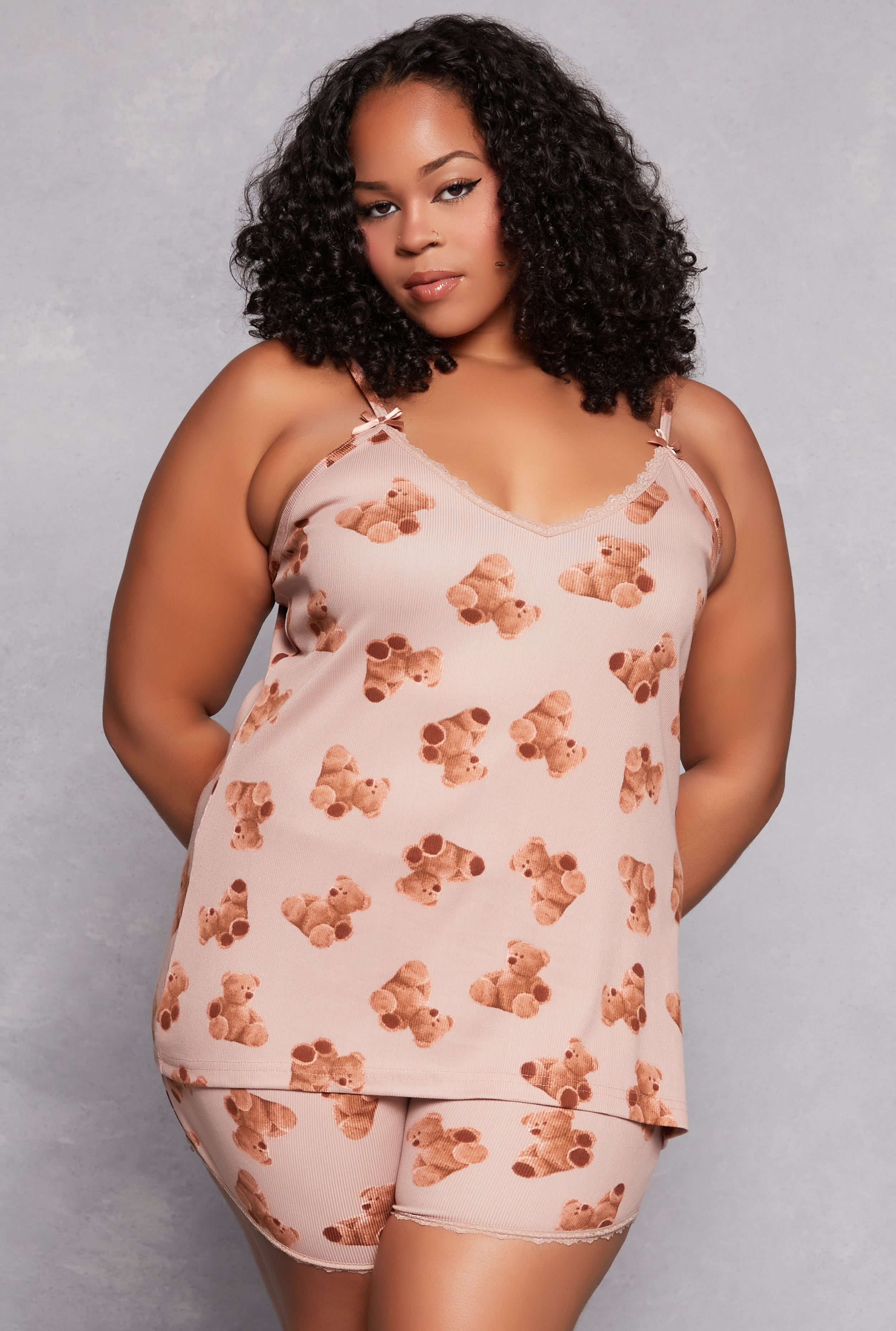Rainbow Shops Plus Size Teddy Bear Print Pajama Cami Top and Shorts