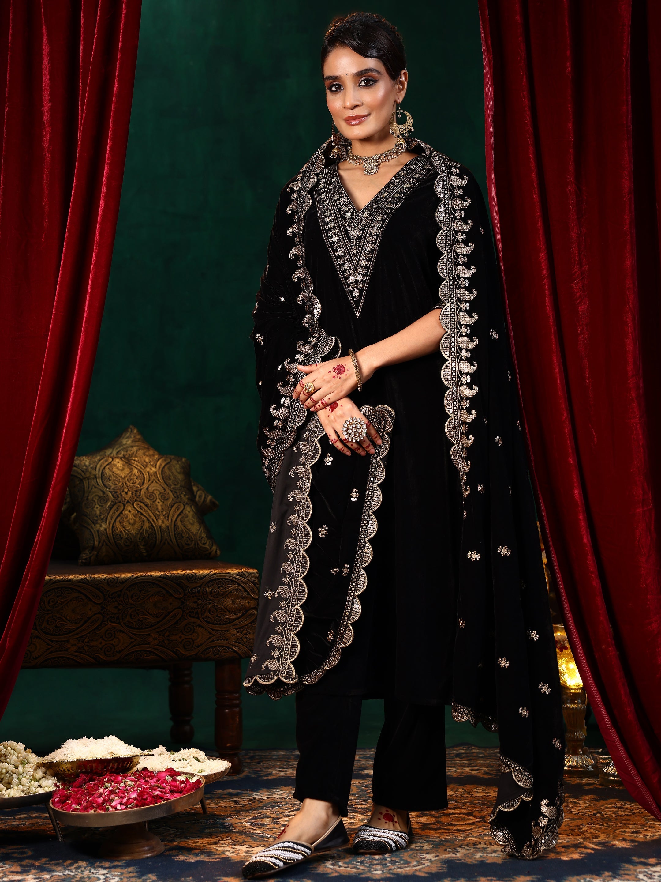 Libas Black Yoke Design Velvet Straight Suit With Dupatta