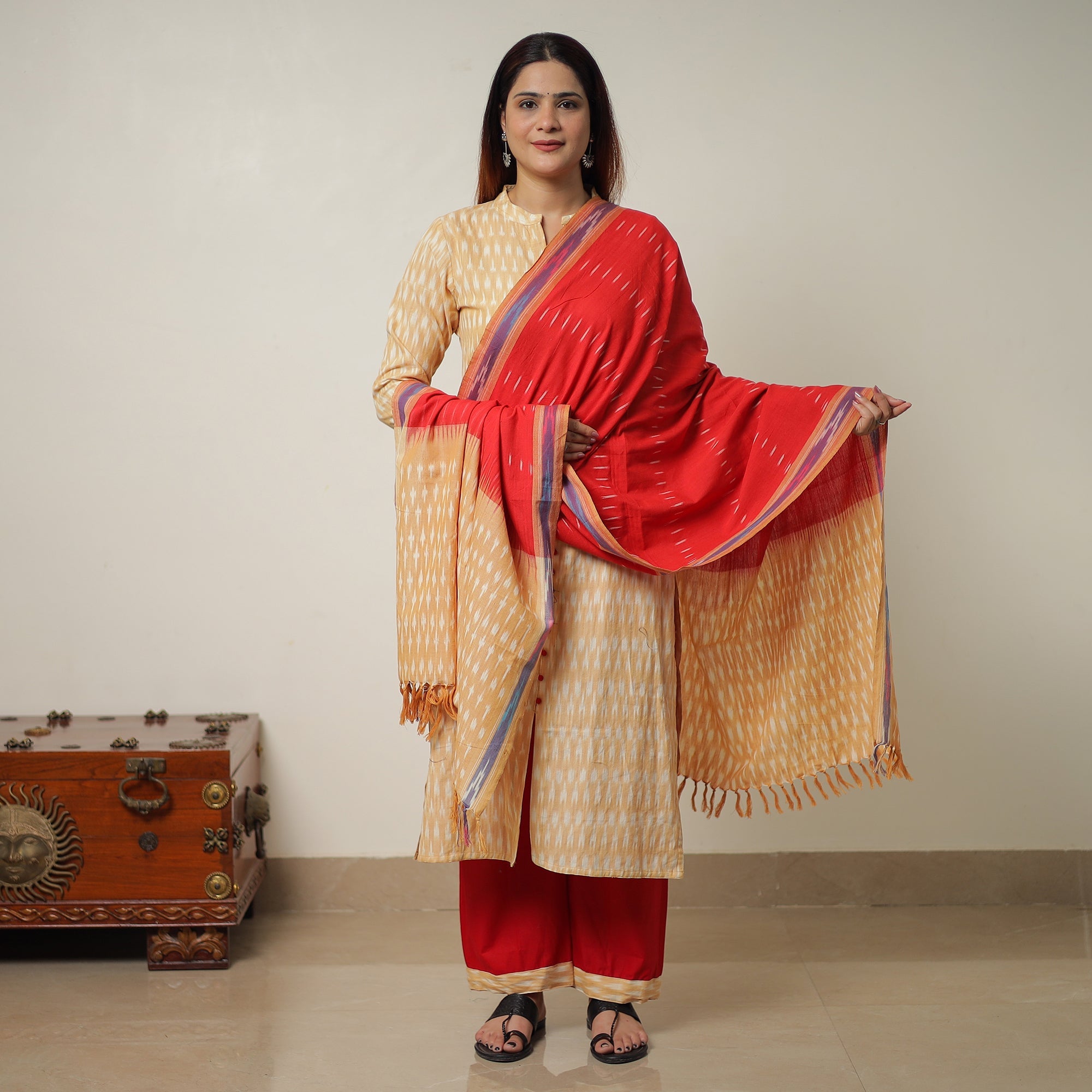 ITOKRI CASUALS Beige - Pochampally Ikat Weave Cotton Kurta with Palazzo & Dupatta Set 14