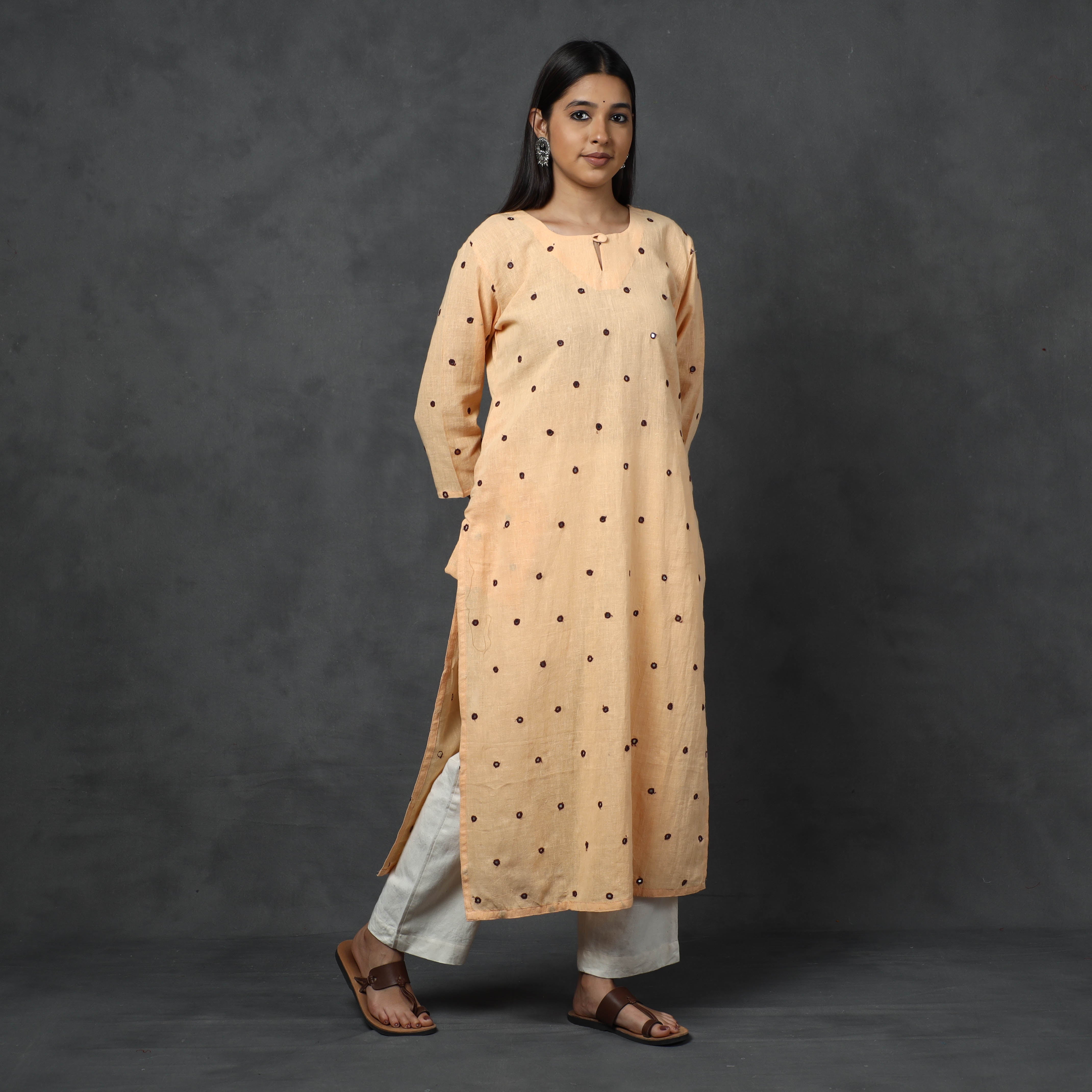 ITOKRI CASUALS Beige - Organic Kala Cotton Handloom Mirror Work Long Kurta