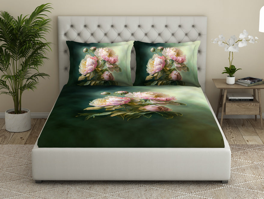 Spaces India Floral Dark Green 100% Cotton King Size Bedsheet Elegance - By Elegance