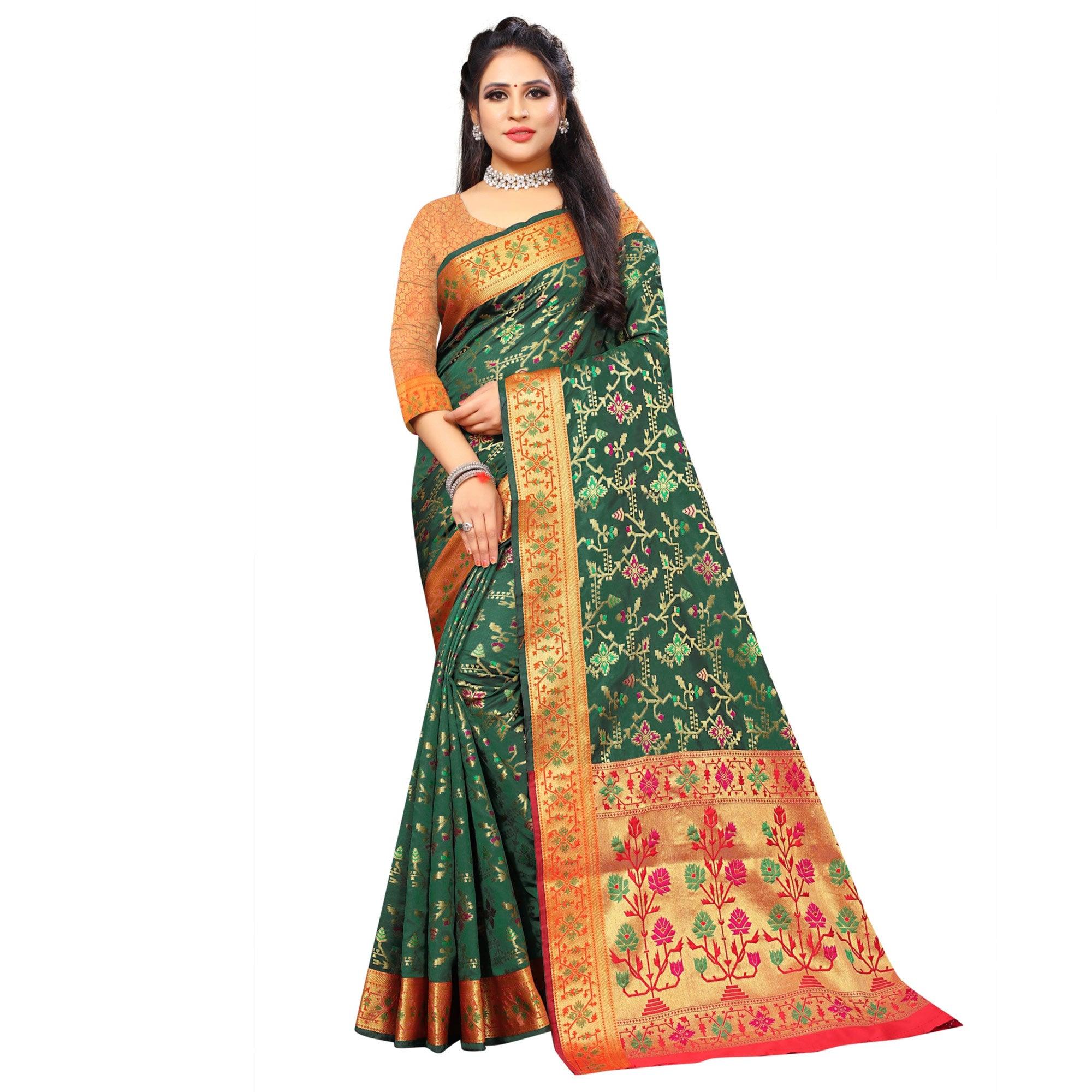 Peachmode Fantastic Dark Green Colored Festive Wear Woven Silk Saree