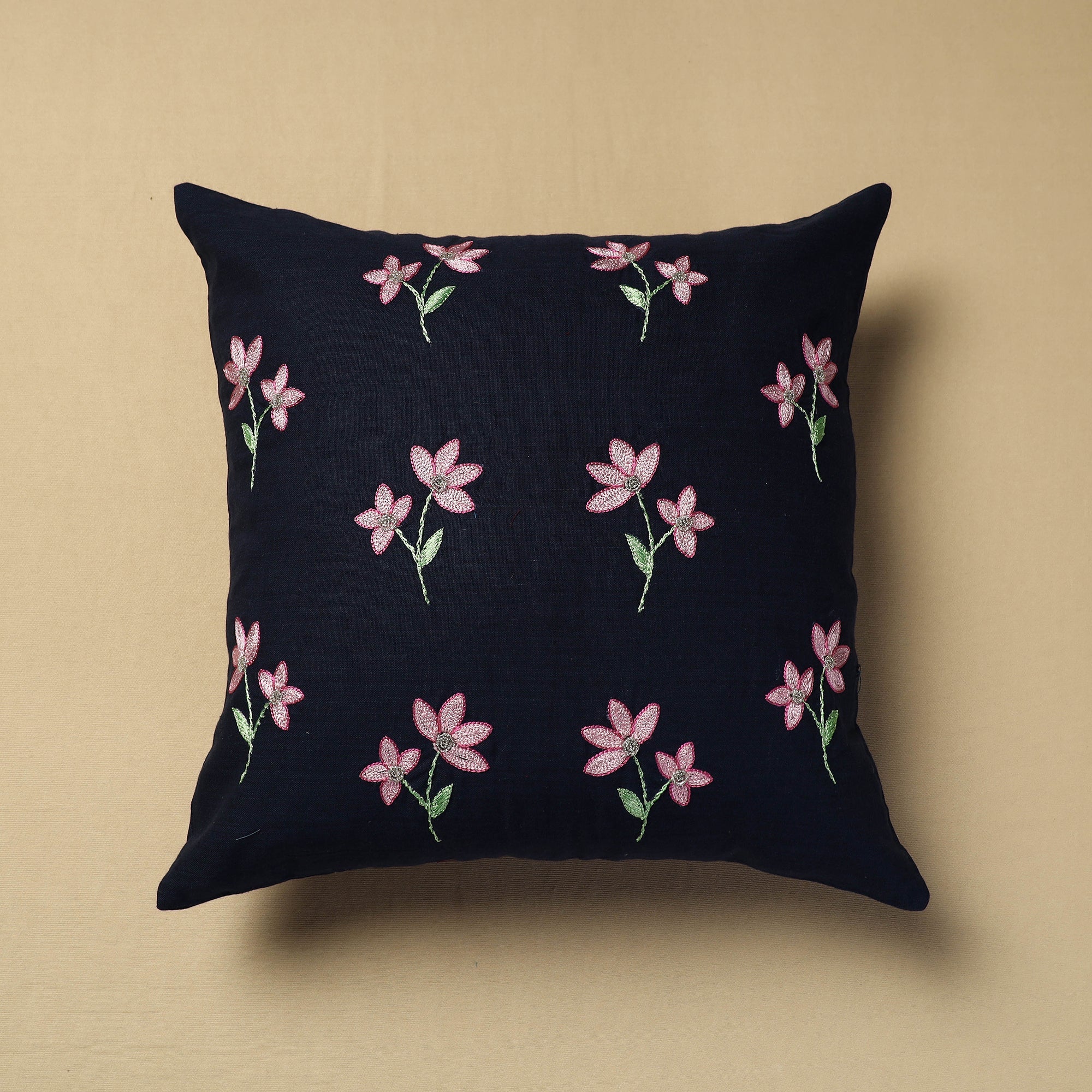 NOORI BAZAR Black - Hand Embroidery Plain Cotton Cushion Cover (16 x 16 in)