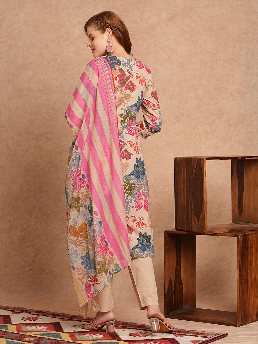 FASHOR Ethnic Floral Printed & Embroidered Straight Kurta with Pant & Dupatta - Beige - view 6