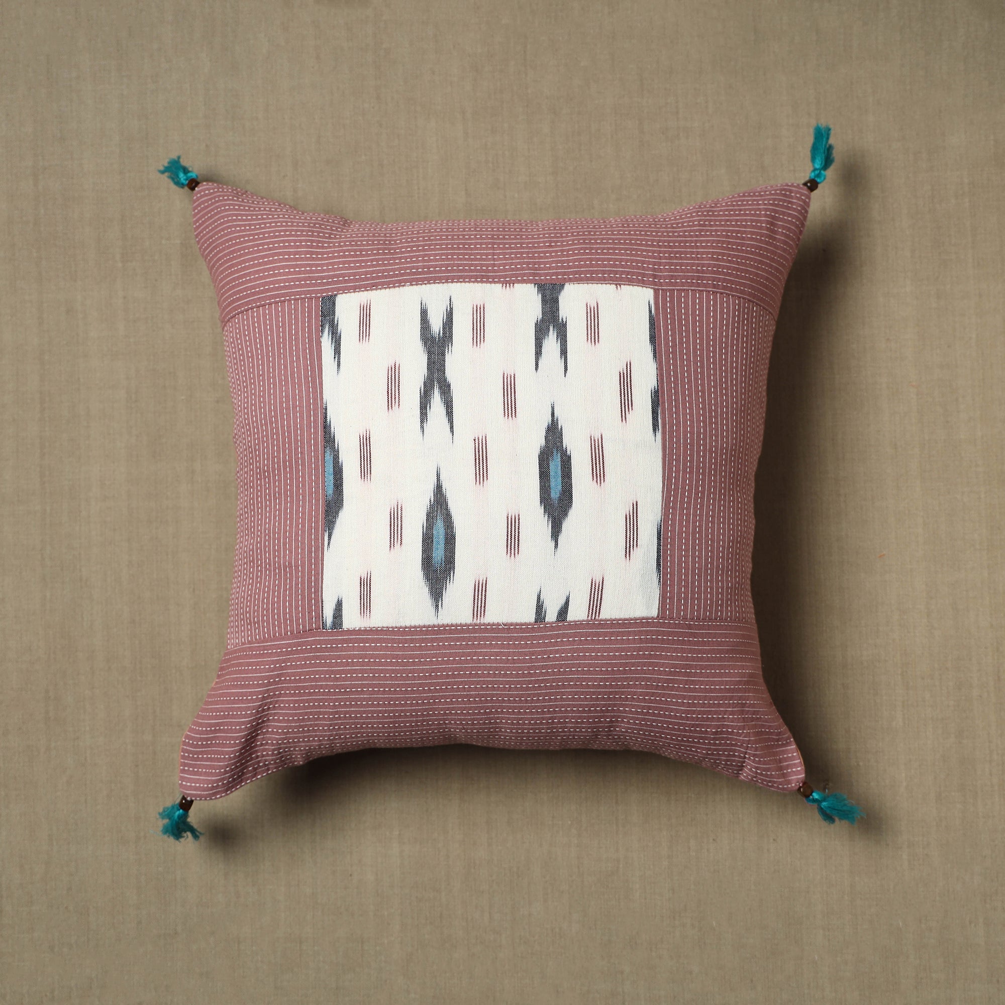 NOORI BAZAR Brown - Kantha Stitch Ikat Cotton Cushion Cover (16 x 16 in) 05